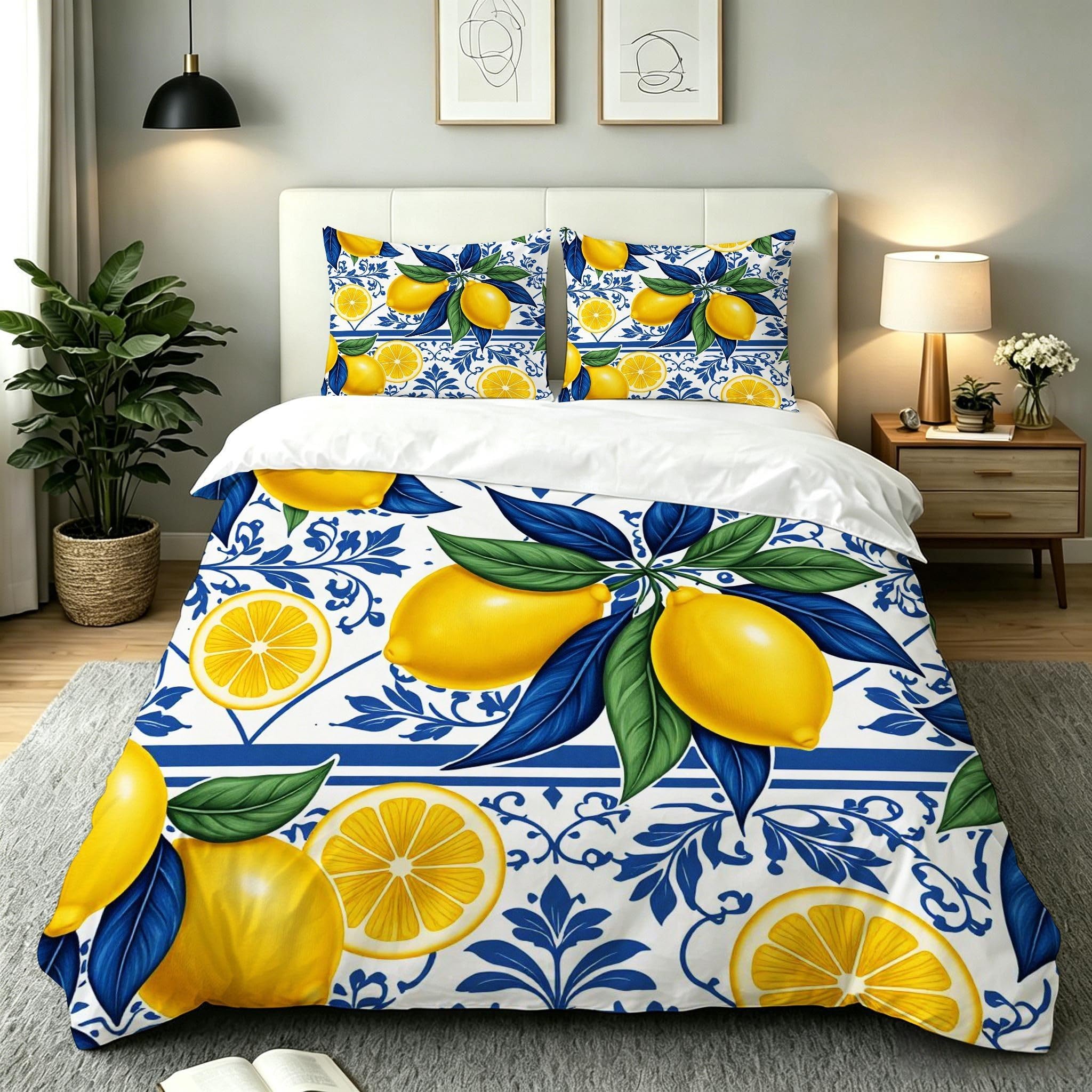 Copripiumino Matrimoniale Limone Giallo 260x240, ZQ7938 | Traspiranti Durevoli Microfibra, per Tutta la Famiglia, Matrimoniale, per Tutte le Stagioni, con 2 Federe 50x80 cm