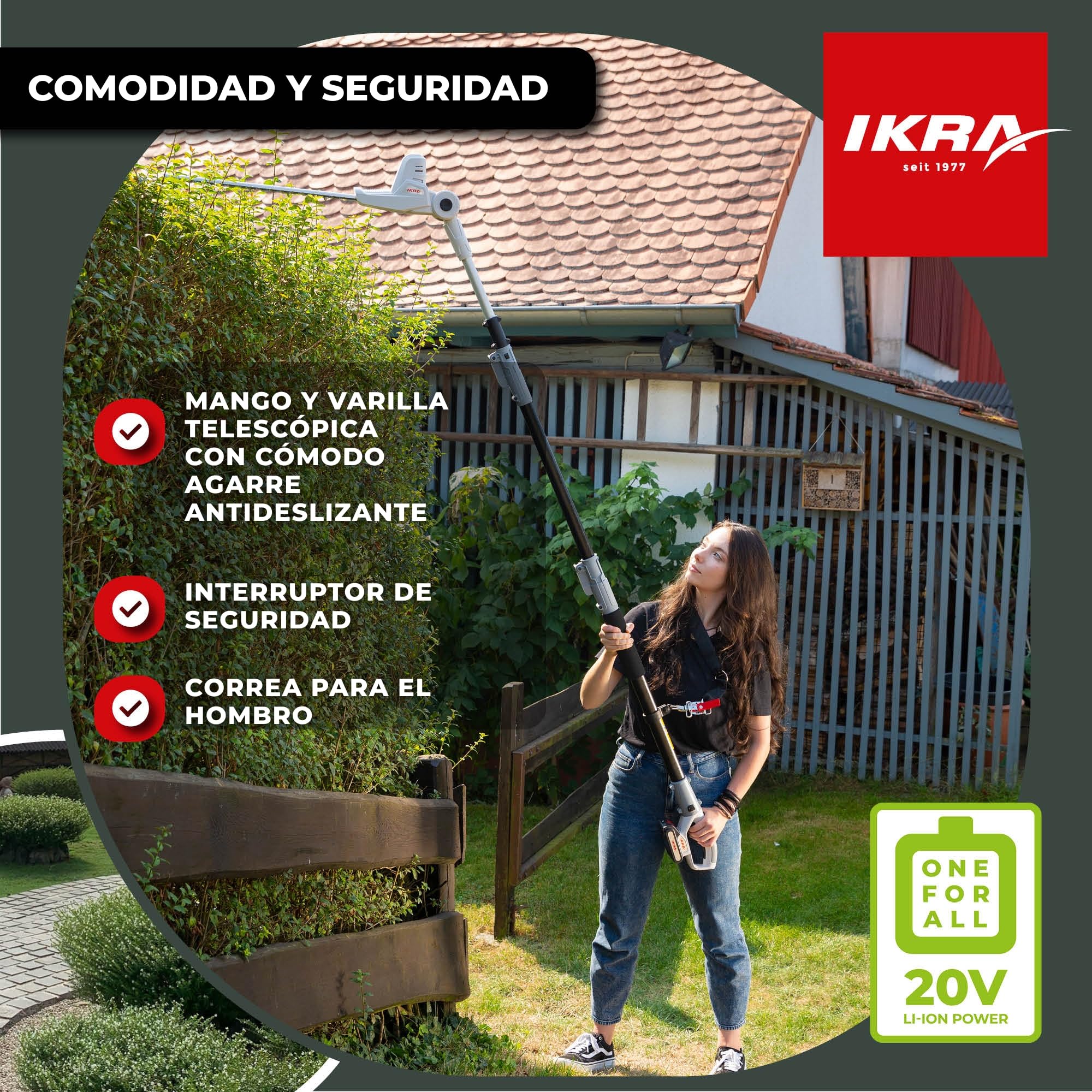IKRA cortasetos telescópico ICPH 2040 incl. Batería de 20 V, estación de carga de la batería y correa para el hombro