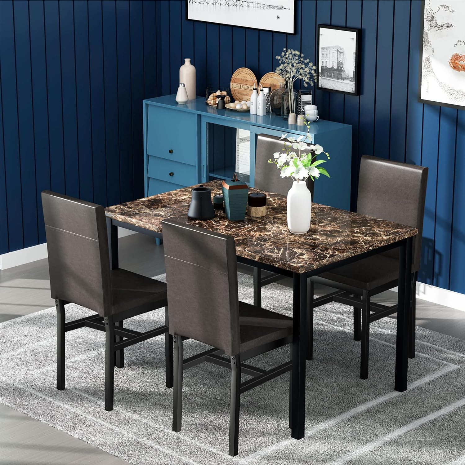 tantohom Marble Top Style Dining Table Set for 4, Metal Frame Furniture Kitchen Table and Chairs for 4, Dinette Breakfast Nook Table Set with 3 Pu Leather Chairs for Dining Room - Table & Chair Sets
