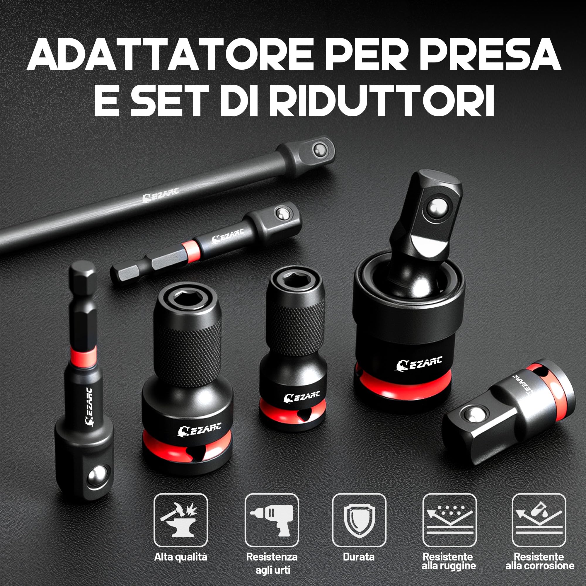 EZARC Set di 21 adattatori per bussole a percussione, include set di bussole girevoli universali CR-MO, accoppiatori a percussione CR-MO, riduttori CR-V, punte di estensione esagonali CR-V, chiavi a