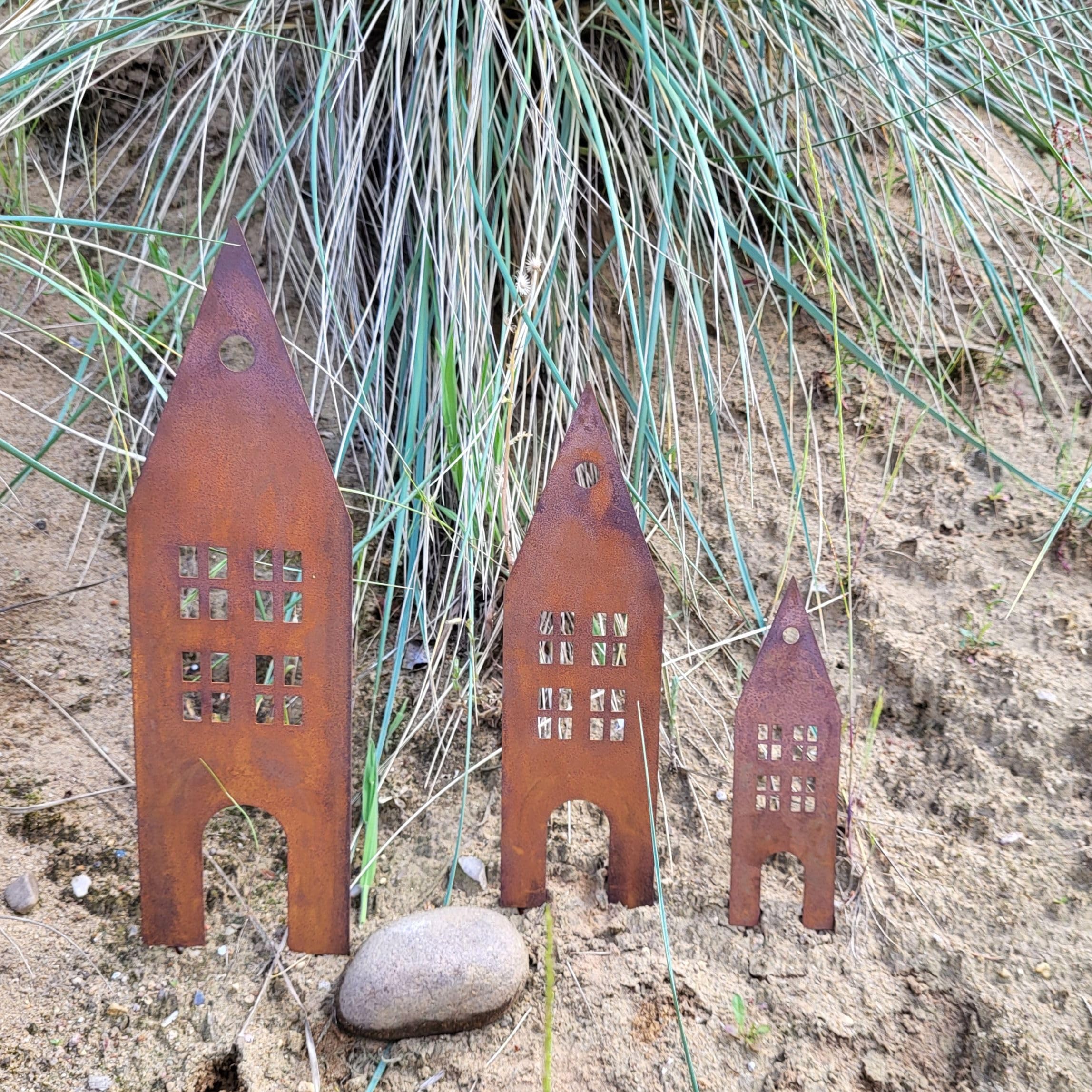 Storm's Gartenzaubereien Dekoracja - domek do wtykania w stylu rdzy, zestaw 3 sztuk, metal, nowoczesny, brązowy, zielony