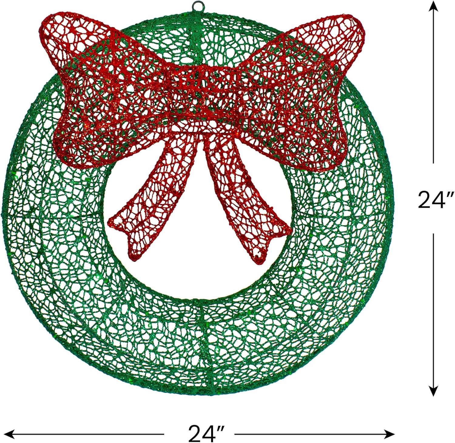 24" LED Lighted Green Glitter Wreath with Red Bow Outdoor Christmas Decoration