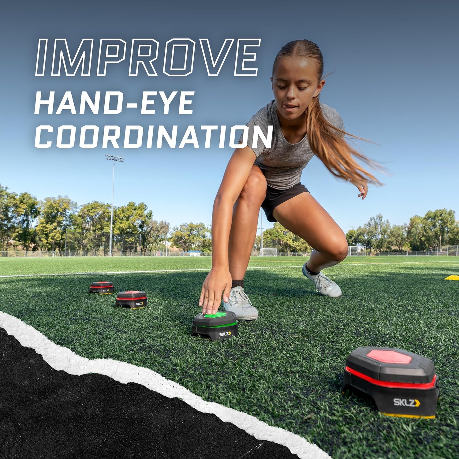 A young girl reaching for a green SKLZ Reactive Flash LED Training Pod on a grassy field, with text 'IMPROVE HAND-EYE COORDINATION'.
