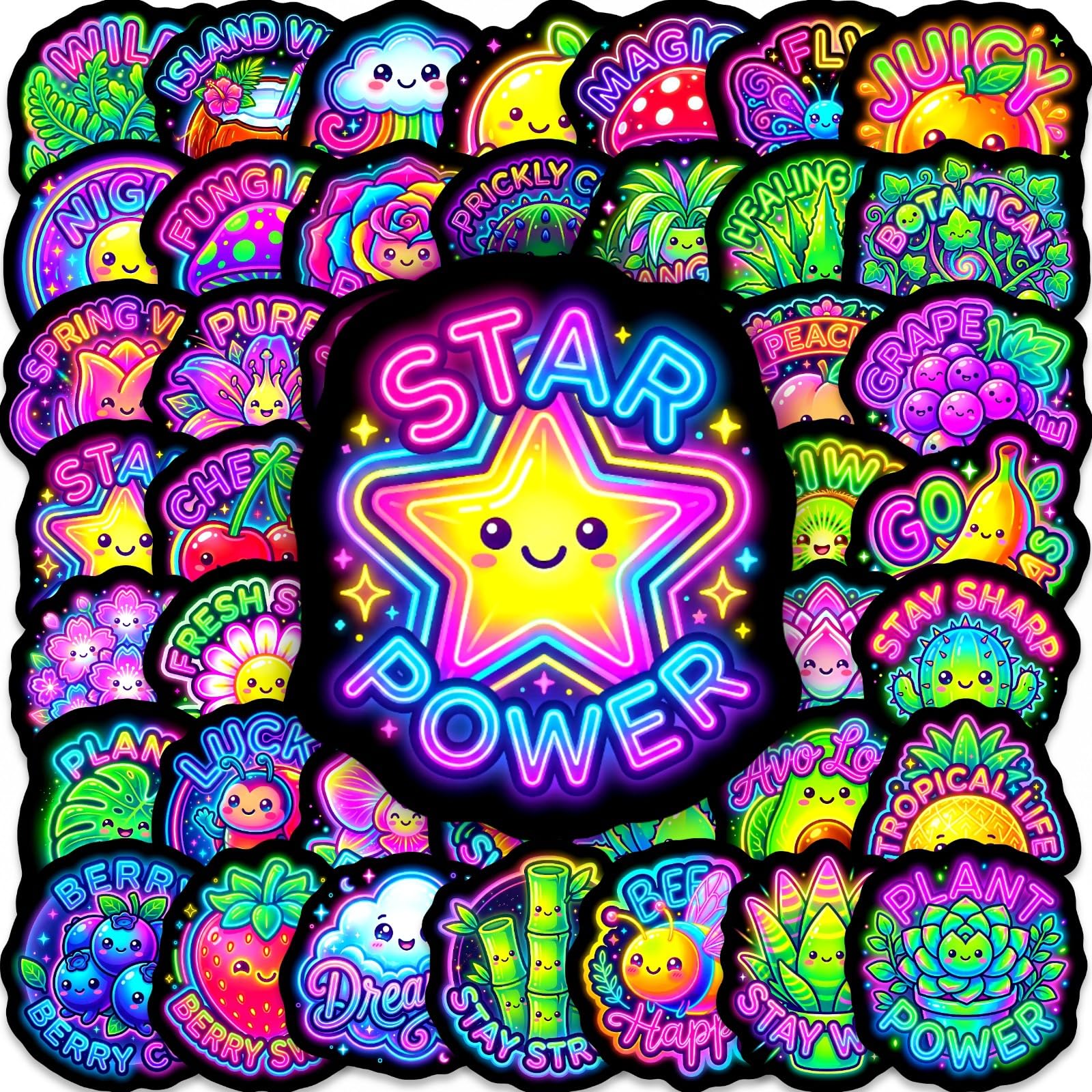 50Pcs Neon Nature Stickers Cute Plant Vinyl Decals for Laptops Skateboards Luggage Helmets Bikes and Phones Fans Lovers and Bright Vibe Enthusiasts