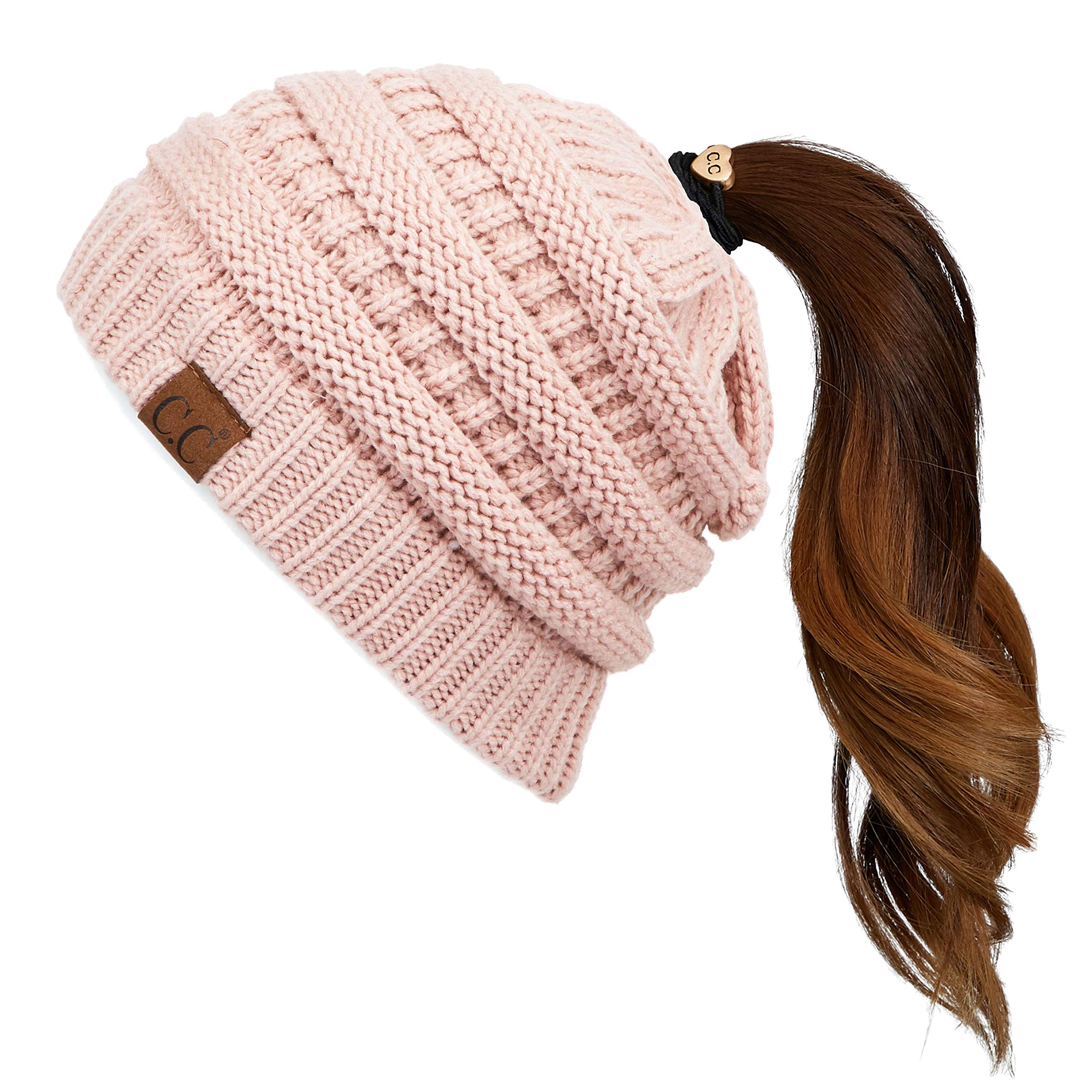 C.C Exclusives Soft Stretch Cable Knit Messy Bun Ponytail Beanie Winter Hat for Women (MB-20A), Indi Pink, One Size