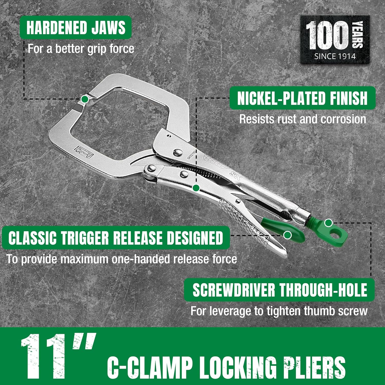 SK 11" C-clamp Locking Pliers with Regular Jaws, Premium CR-V Construction, Ergonomic Anti-slip Handle