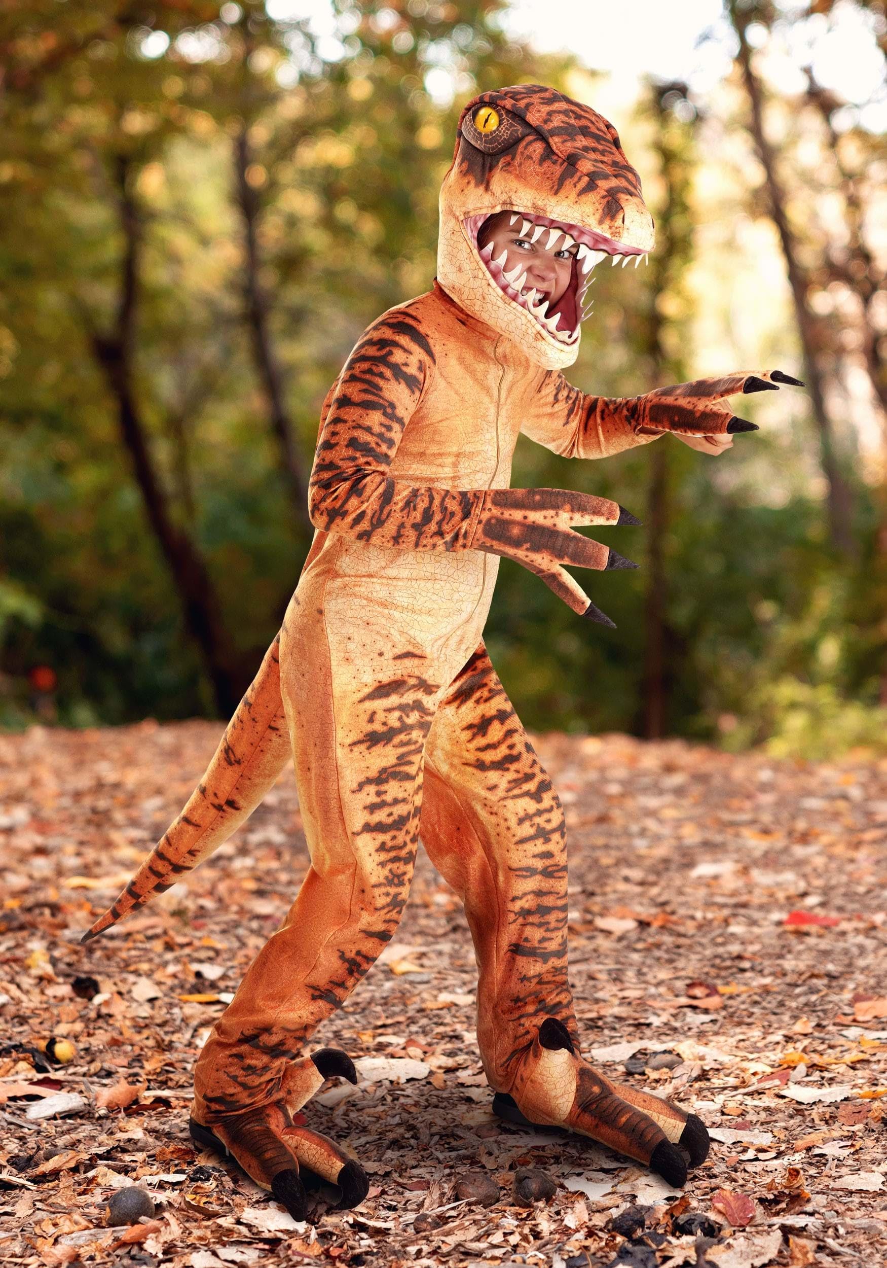 Velociraptor Dinosaur Costume for Kids - Jumpsuit, Headpiece, Tail, Clawed Mitts & Shoe Covers - Jurassic Halloween Outfit