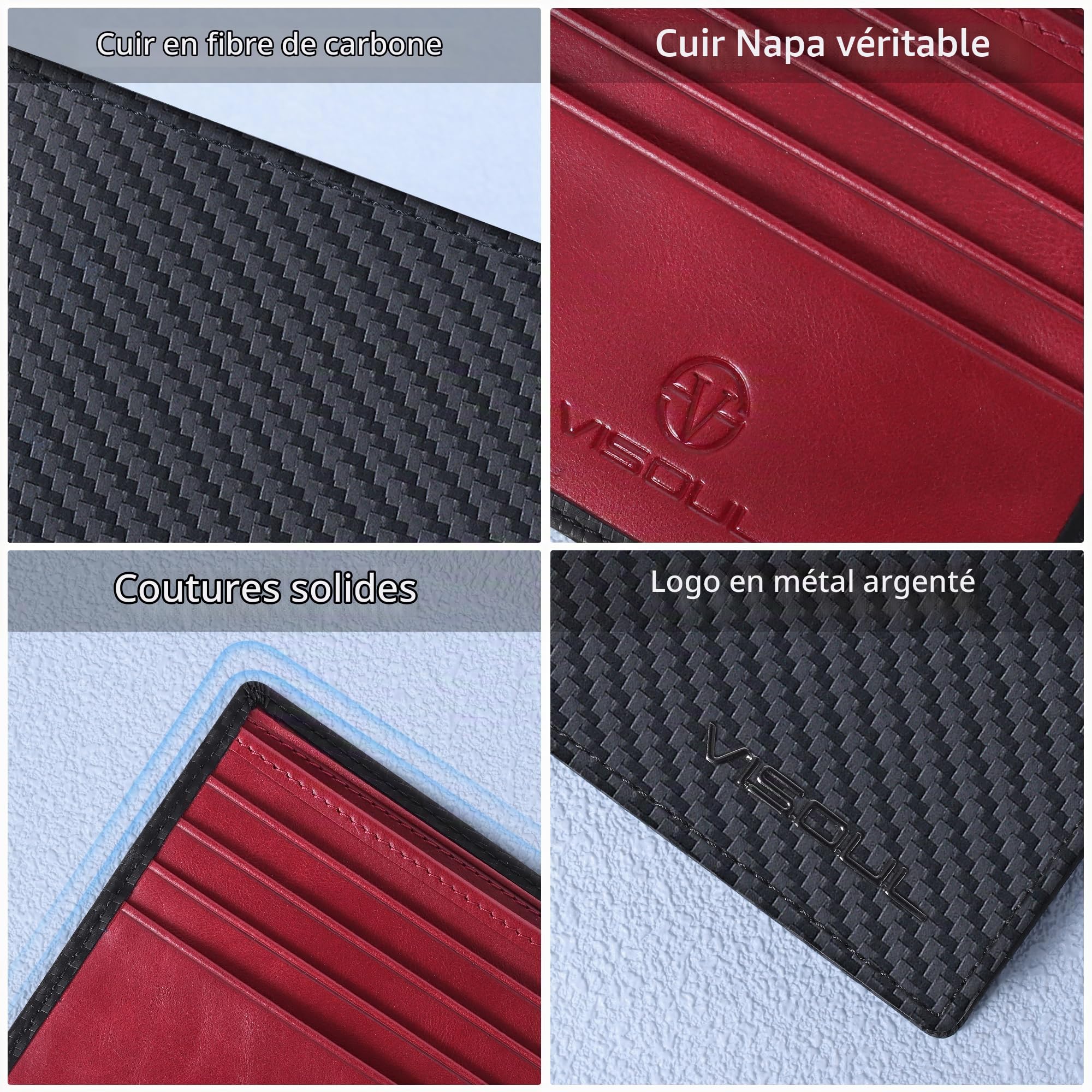 VISOUL Portefeuille Cuir Véritable pour Homme avec Blocage RFID, Classique Bifold Porte Feuille en Cuir avec 2 Compartiment à Billets, 10 Fente pour Carte et 2 ID Fenêtre (Carbone Noir+Rouge)