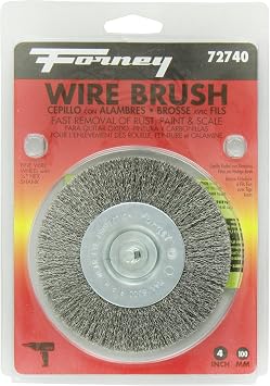 Forney 72740 Fine Crimped Wire Wheel Brush, 4" with 1/4" Hex Shank | Features an ultra-fine .008" wire size. Equipped with a 1/4" quick-change hex shank for light-duty surface prep.