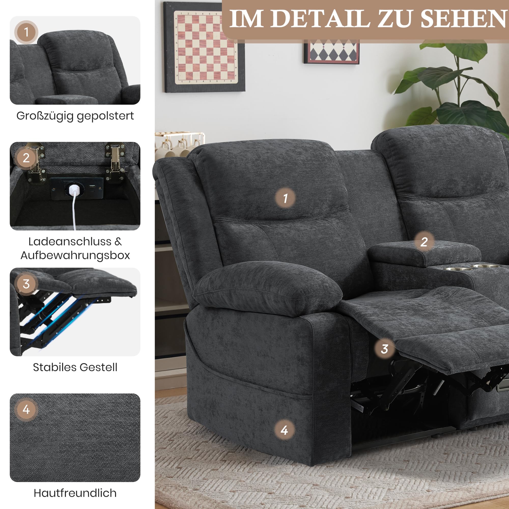 Zweisitziges Relaxsofa mit manueller Liegefunktion, Stoffbezug, Mittelkonsole mit Becherhaltern & Seitentasche – Doppel-Liegesofa ideal für Wohnzimmer, Büro oder Wohnung (Grau)