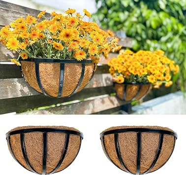 LalaGreen Wall Planters 2 Pack, 12 Inch Black Metal Deck Railing Planter with Coco Liners, Wall Plant Holder Window Basket Flower Pots for Outdoor Plants, Horse Trough Fence, Balcony, Garden, Patio