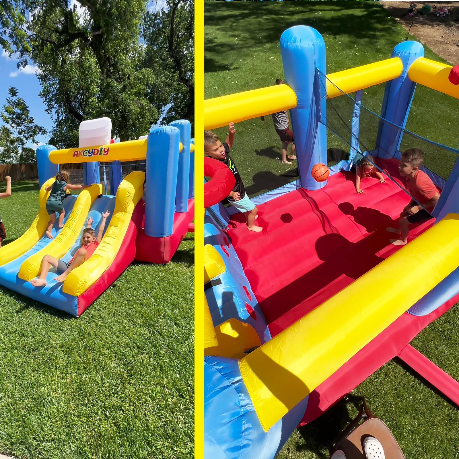 Gran Castillo Hinchable para niños de 3 a 12, Red de Voleibol, tobogán Doble y trampolín Grande, Castillo Hinchable con soplador, casa Hinchable para niños, Exterior/Interior, Regalo de cumpleaños