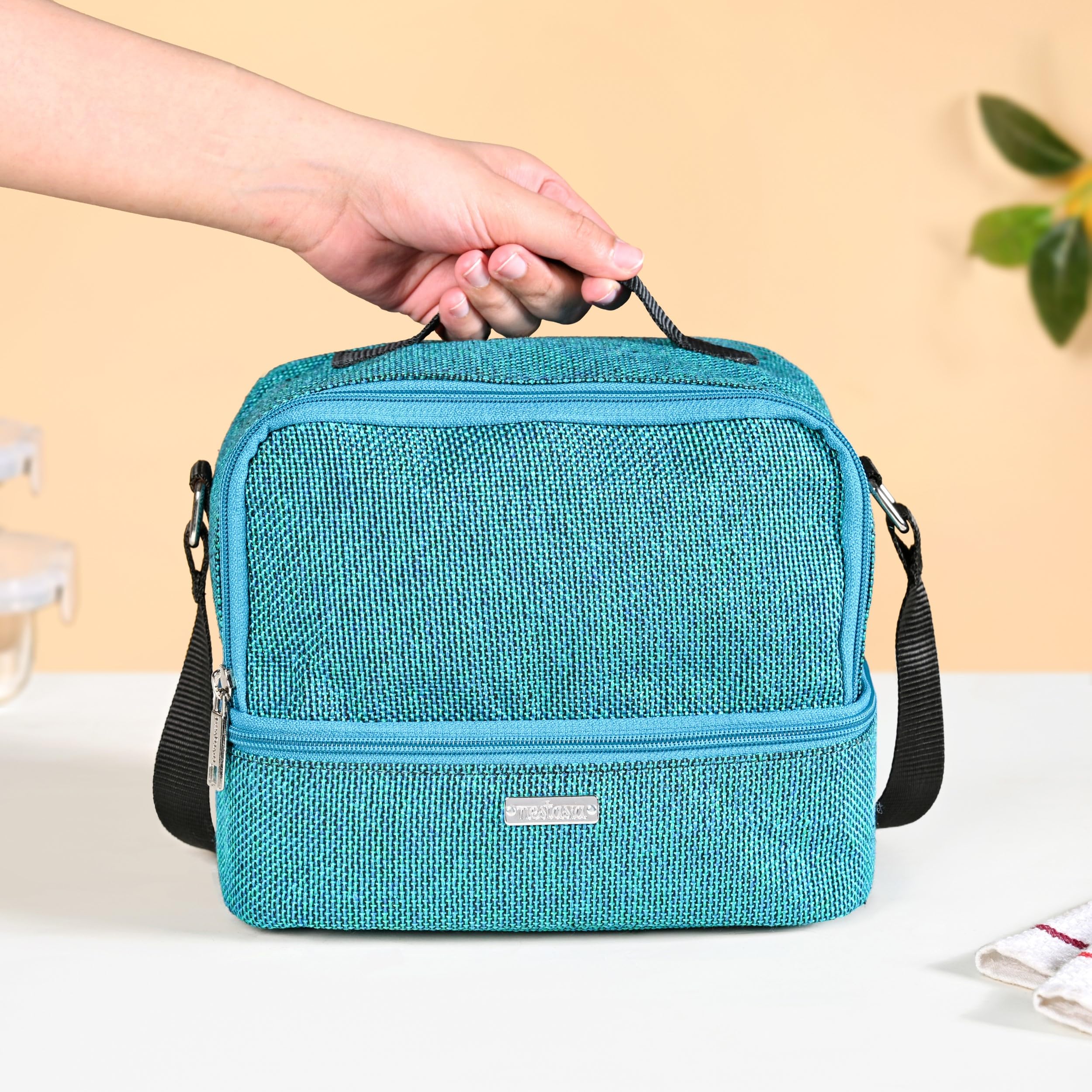 Nestasia Insulated Jute Lunch Bag for Office Women & Men (6.6 litres) - Textured Dual Compartment Tiffin Bag with Adaptable Shoulder Strap (Teal)