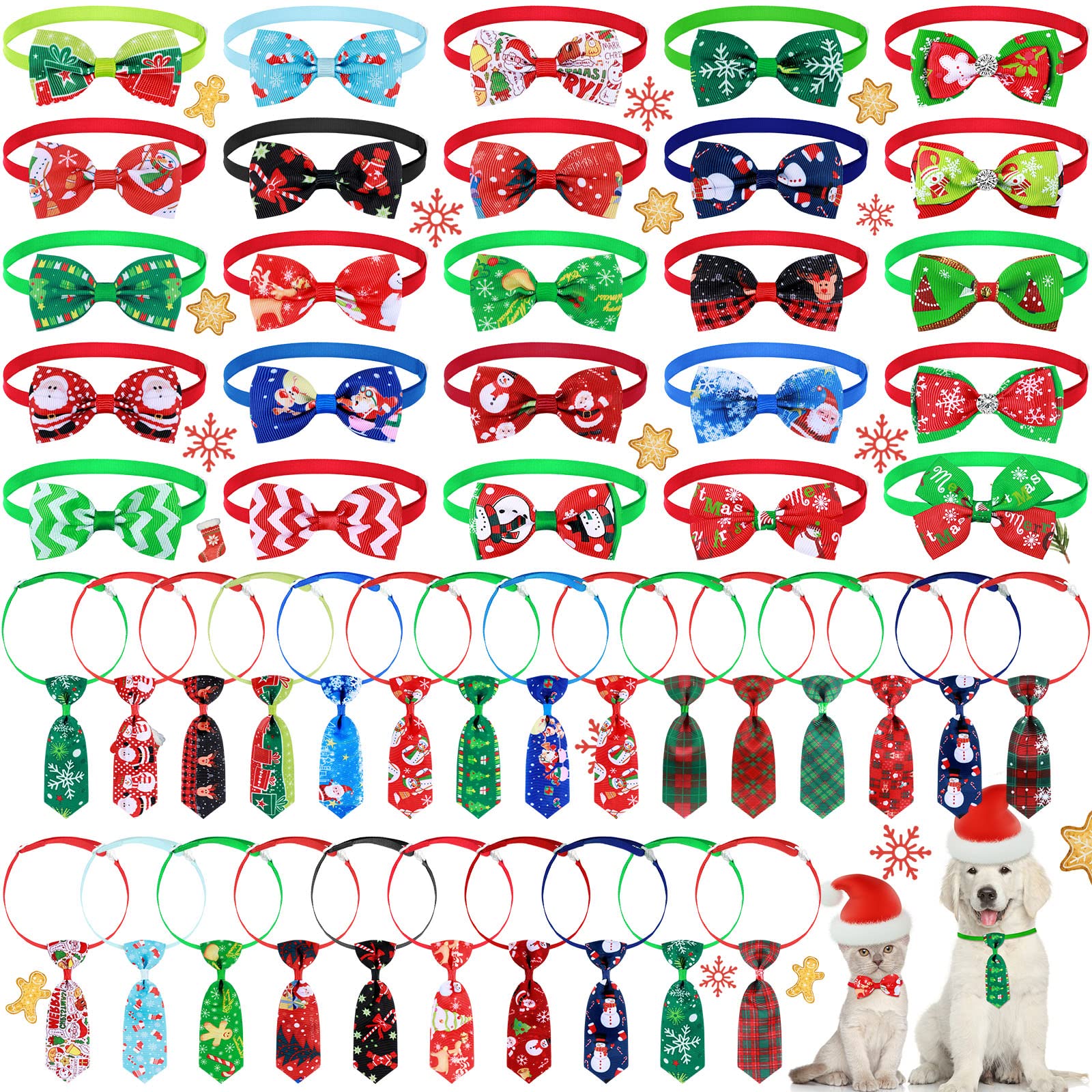 50 Piece Christmas Pet Bow Tie Collar Set - Includes 25 Neckties and 25 Bow Ties - Adjustable for Dogs & Cats - Stylish Patterns