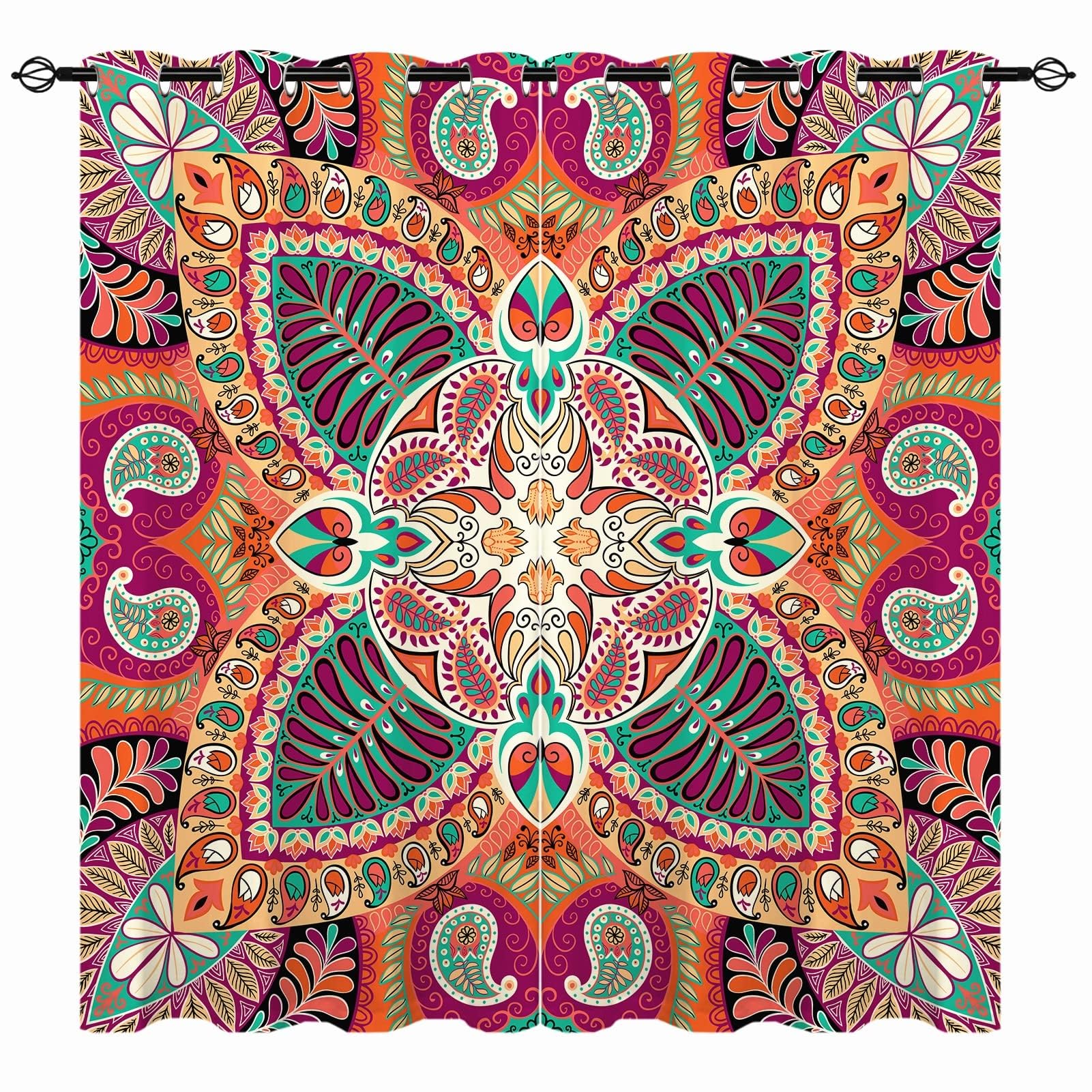 YUANZU Boho Curtains - Girls Ethnic Colorful Indian Retro Floral Paisley Mandala Flower Style Print Pattern Eyelet Blackout Thermal Window Drapes for Bedroom Living Room 2 Panels W132cm x D160cm โ image 1