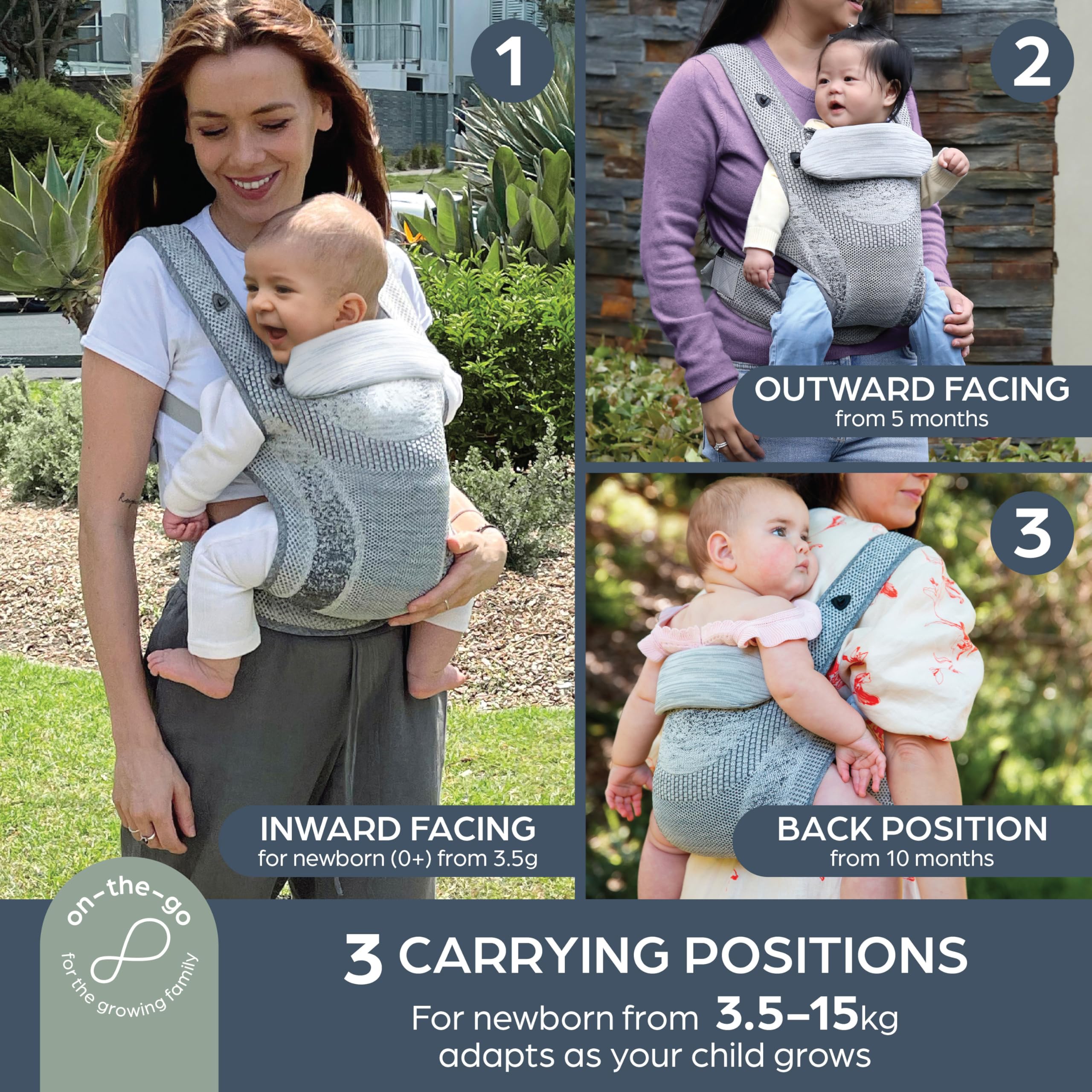 Dreambaby Inspire 3-Position Baby Carrier, Front & Backpack Style, Breathable Knit Fabric, Comfortable Head Support - Image 2