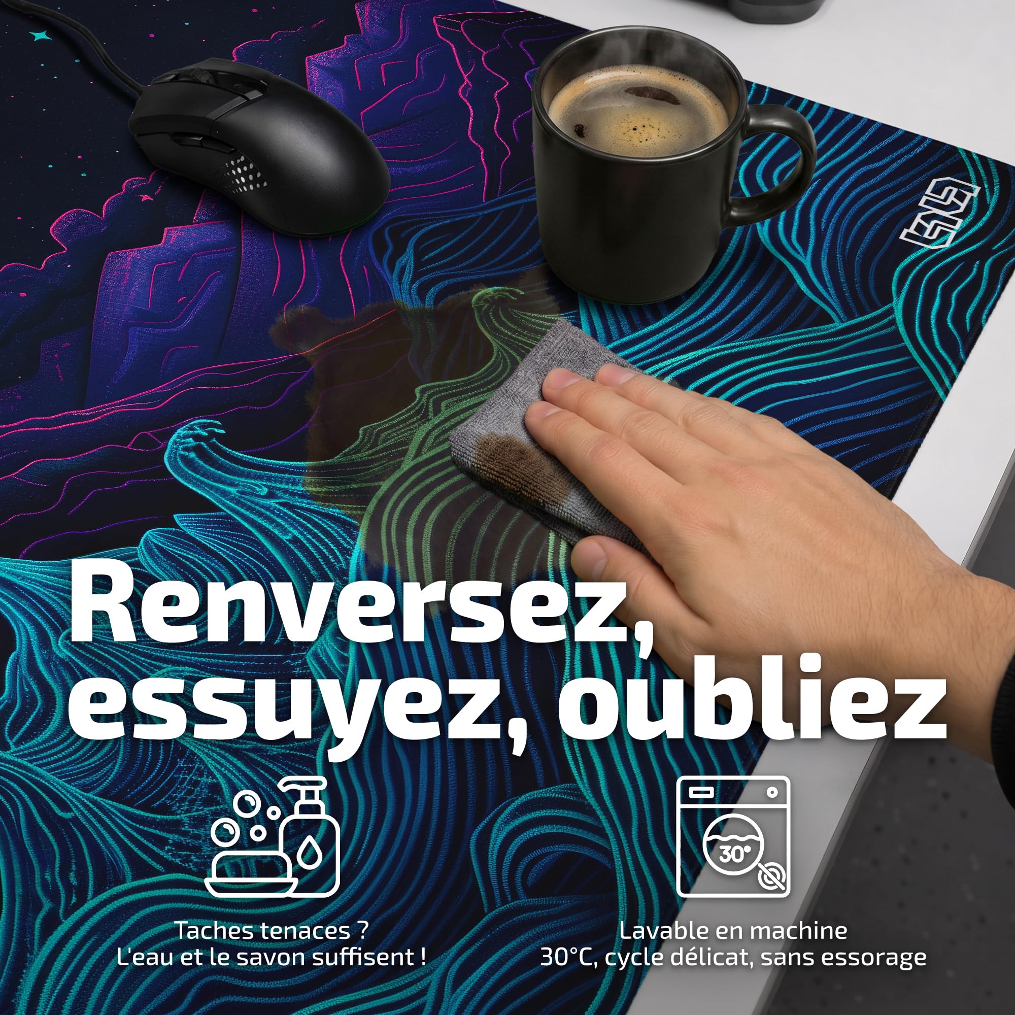 Tilt Grand Tapis de Souris Gamer XXL 100x50 cm | Tapis de Bureau Gaming Anti-Dérapant | Mouse Pad Imperméable pour PC et Accessoires Gaming (Retrowave Mountains)
