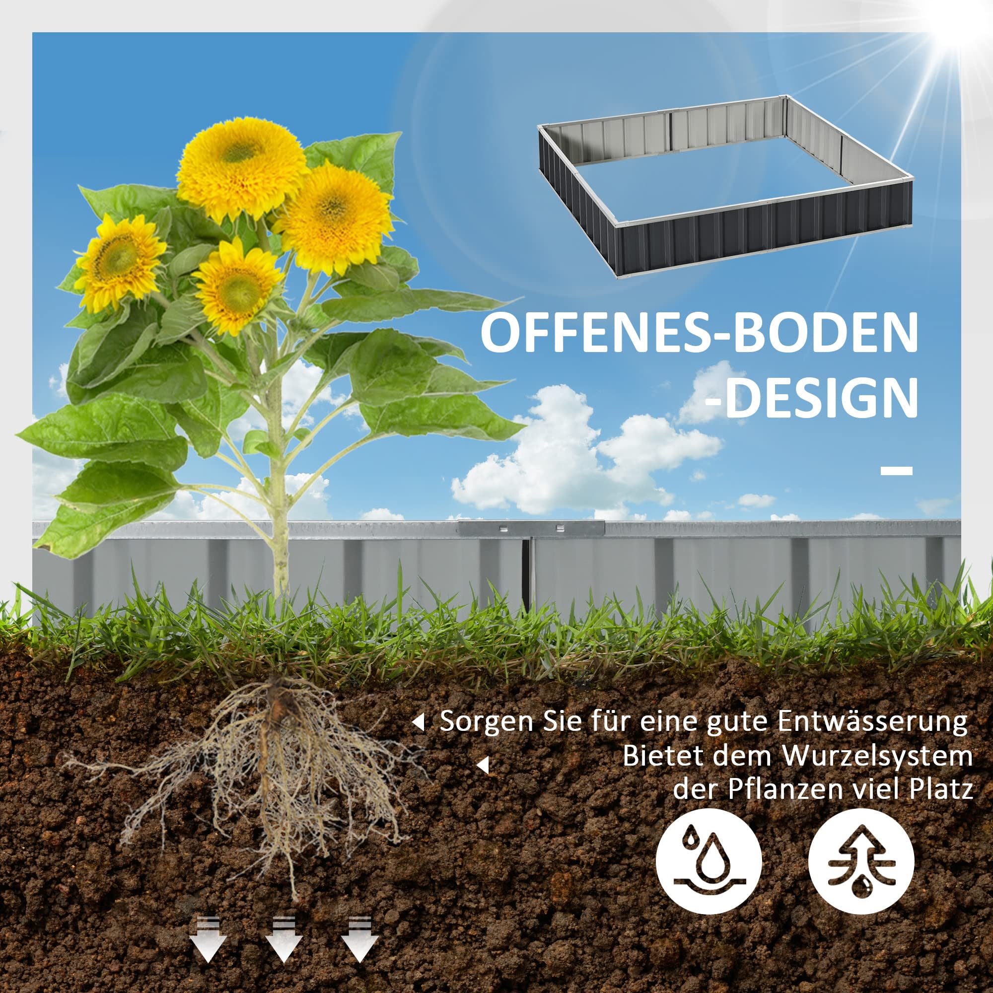 Outsunny Hochbeet aus Stahl DIY für Balkon 258 x 90 x 30 cm Dunkelgrau