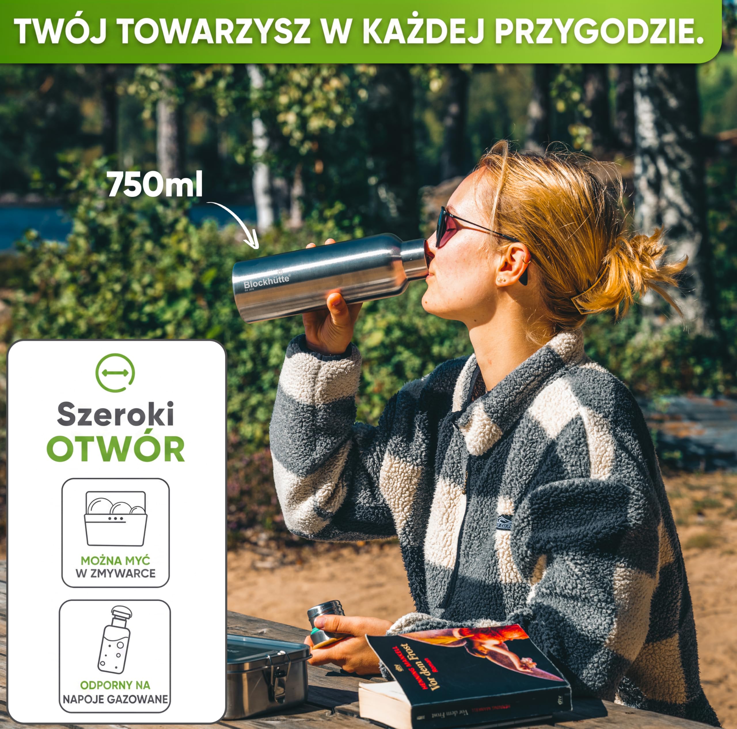 Blockhütte. Butelka na napoje, ze stali nierdzewnej, premium, izolowana, 750 ml, z ekologiczną szczotką do czyszczenia butelki, zabezpieczona przed wyciekiem, nadaje się do zmywarki, do sportu, bez bisfenolu A