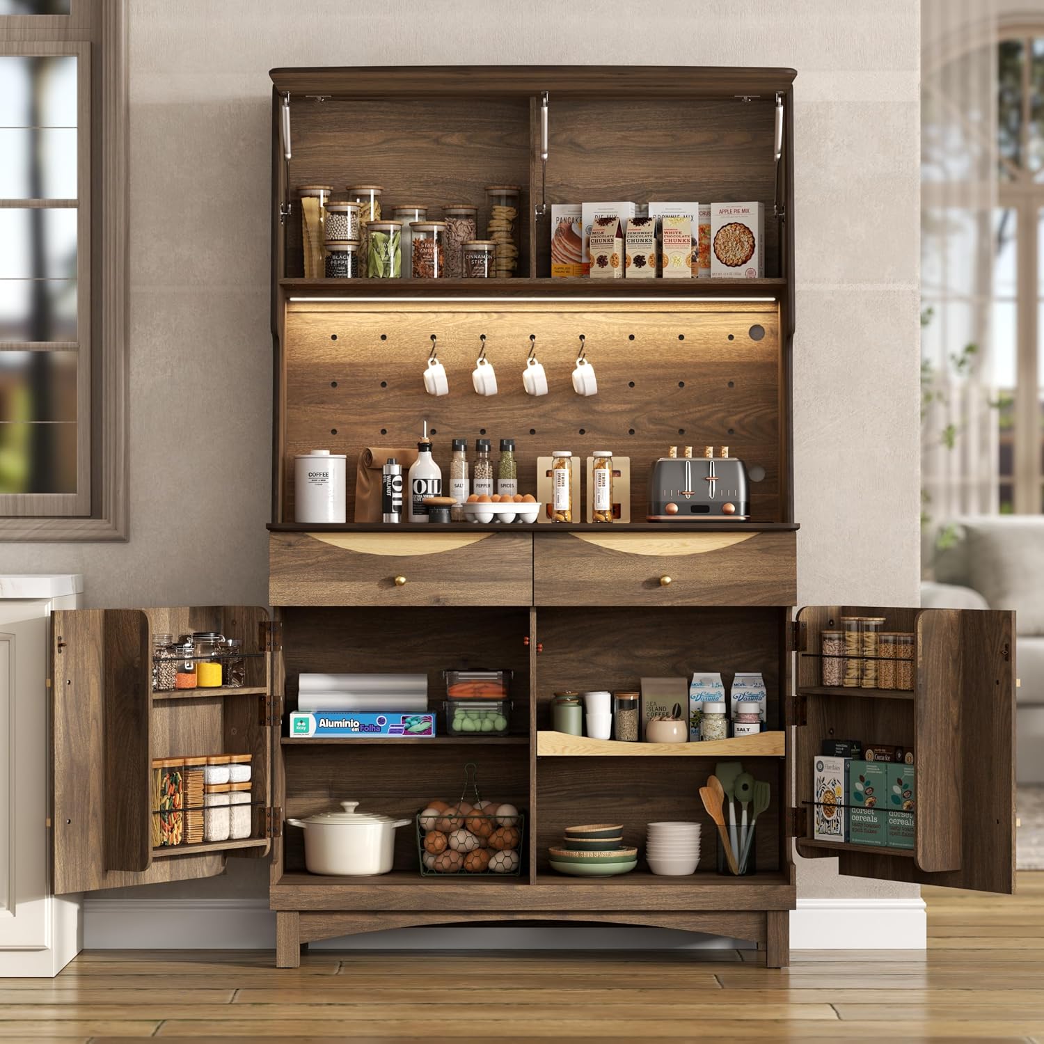 72’’ Tall Kitchen Pantry Cabinet with Power Outlet and LED Light, Kitchen Hutch Cabinets with Flip-up Door & Pegboard, Freestanding Food Pantry Storage with Drawers, Buffet Cabinet for Dining Room