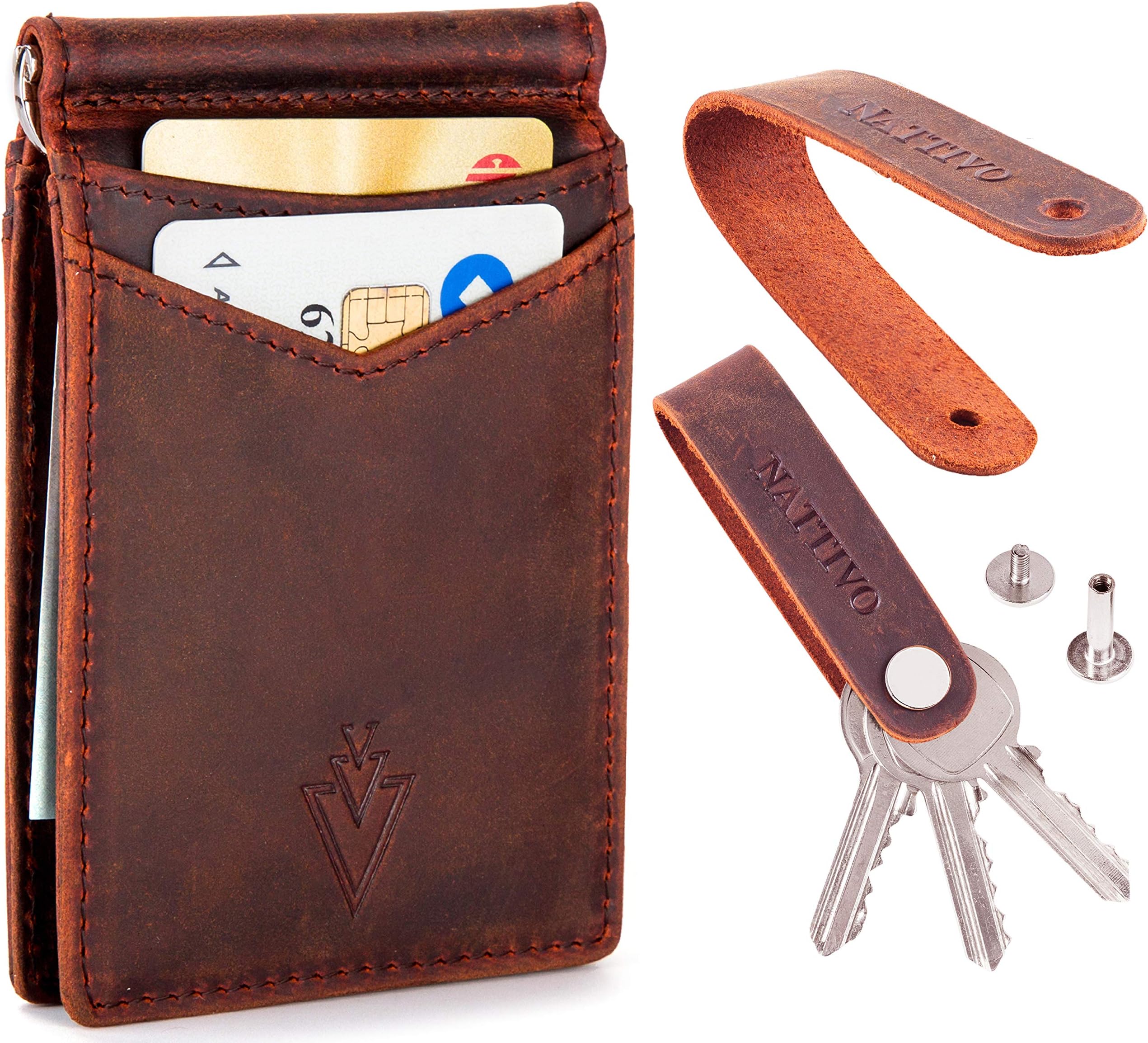 Men's Leather RFID Money Clip Slim Wallet with Leather Keychain