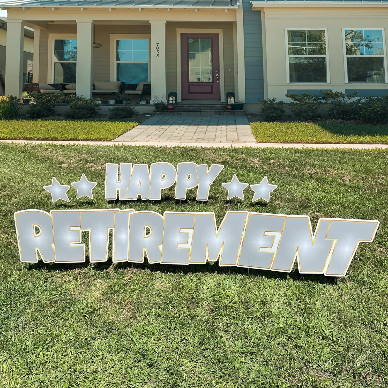 VictoryStore Happy Retirement Yard Sign Quick Set 9 Piece, 18 Inch High Letters, Jumbo Yard Decorations, Includes Stakes (Silver)