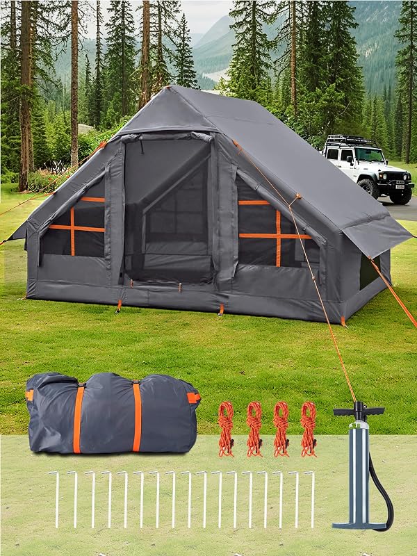 Inflatable Tents for Camping 2-4 Person - Easy Blow Up Glamping Tent with Hand Pump, Waterproof PVC Air Inflatable Tent House for Family Weekend Camping, Grey by SANHOVO - Used condition - US$267.83