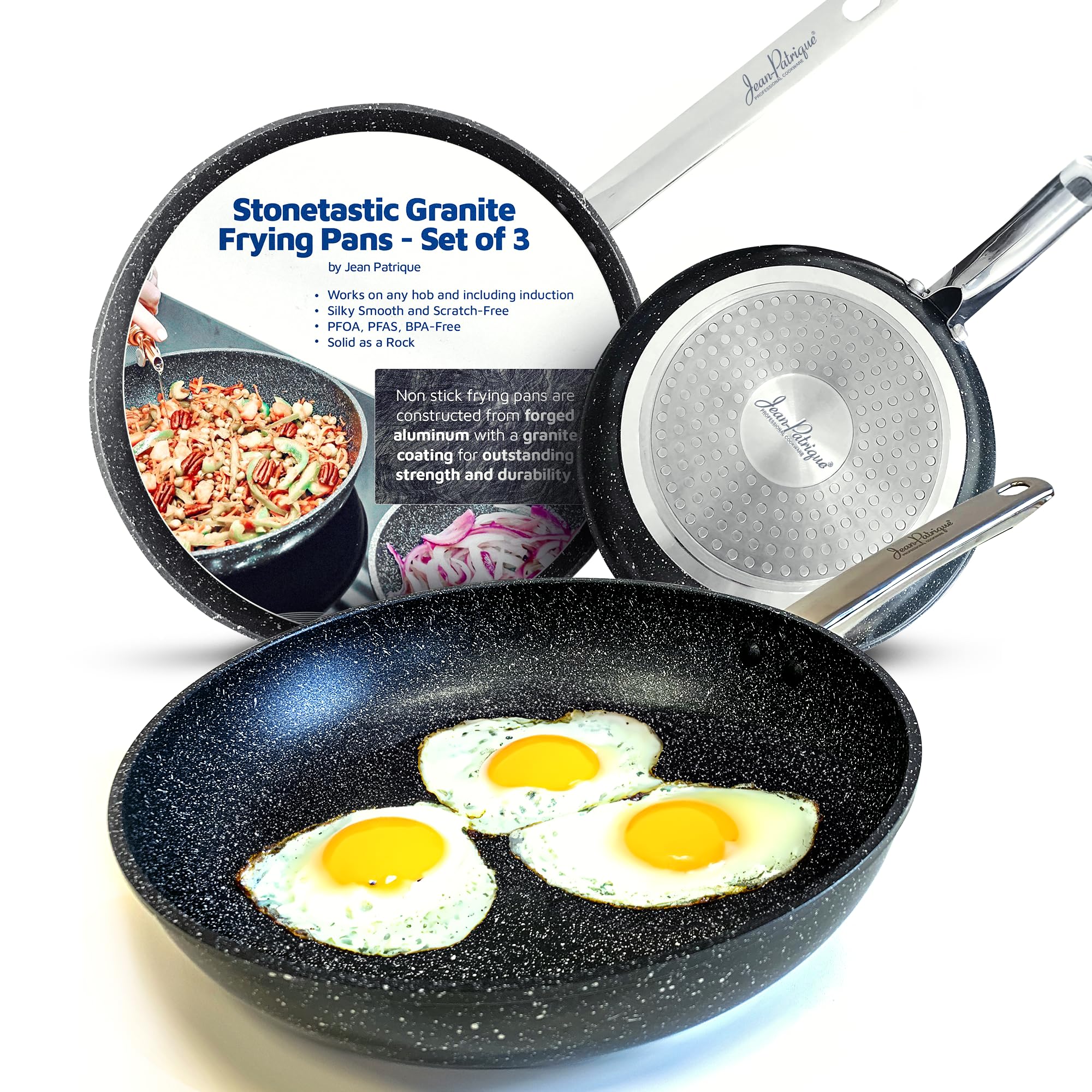 Jean-Patrique Stonetastic Granite Non-Stick Frying Pans - Set of 3 | Induction Frying Pans Compatible with All Types of Hobs & Oven Safe