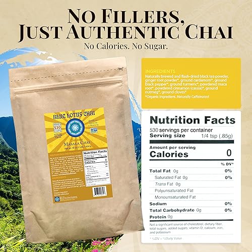 Miniatura 35 de Blue Lotus Chai - Golden Masala Flavor Chai - Hace 17 tazas - 0.5 onzas Masala Spiced Chai Powder con especias orgánicas - Té indio instantáneo sin