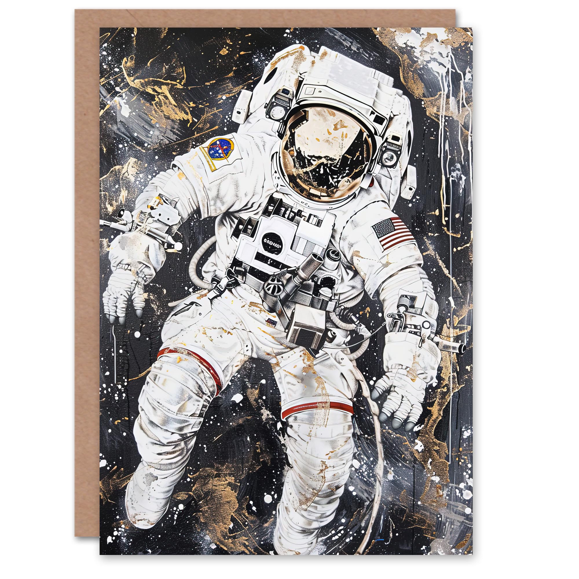 Artery8 Greeting Card Astronaut Space Walk Black Gold Grunge Design Blank For Him Or Her Art Birthday Card