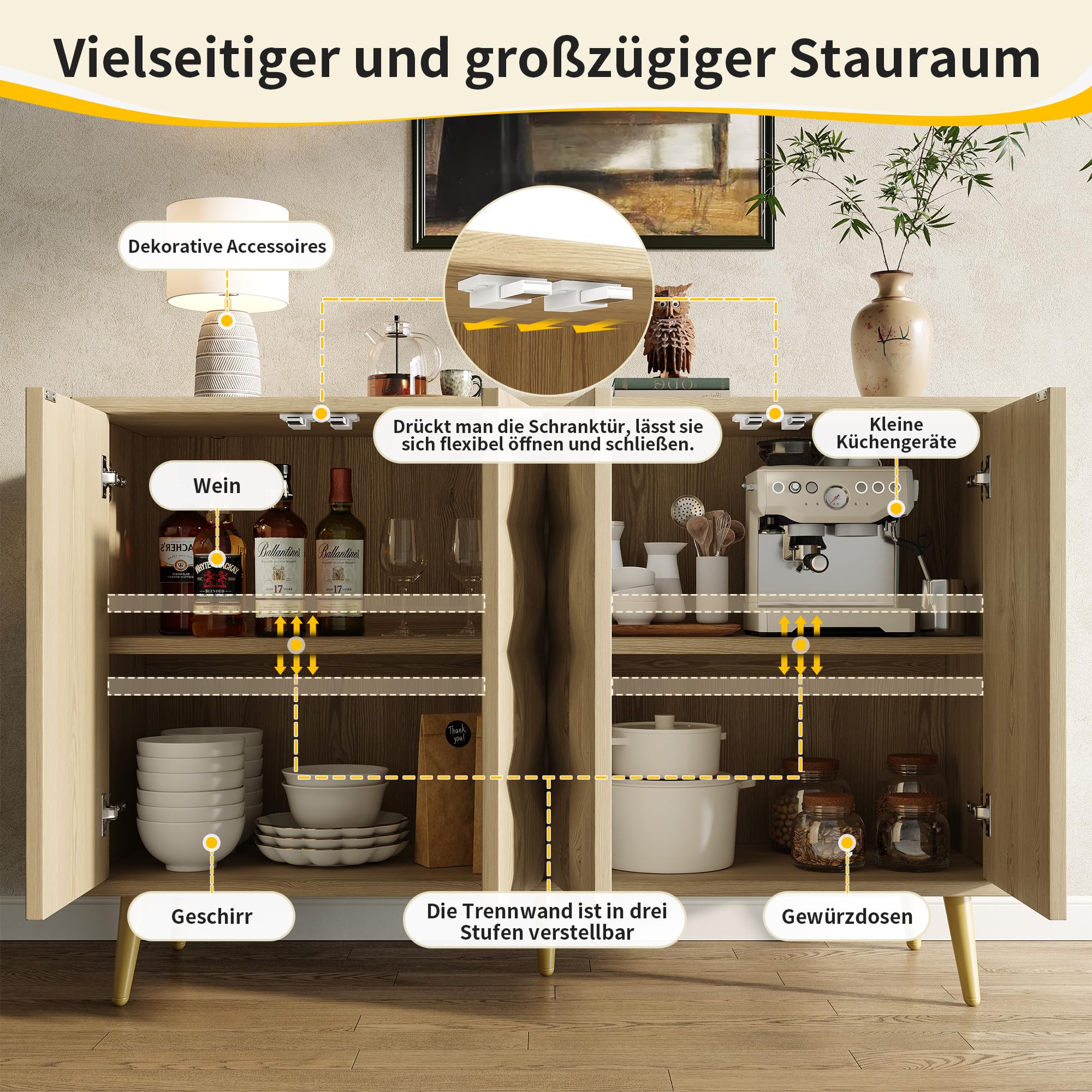 Merax Sideboard 120cm Breit | Küchenschrank Mit 4 Türen Und Metallbeinen