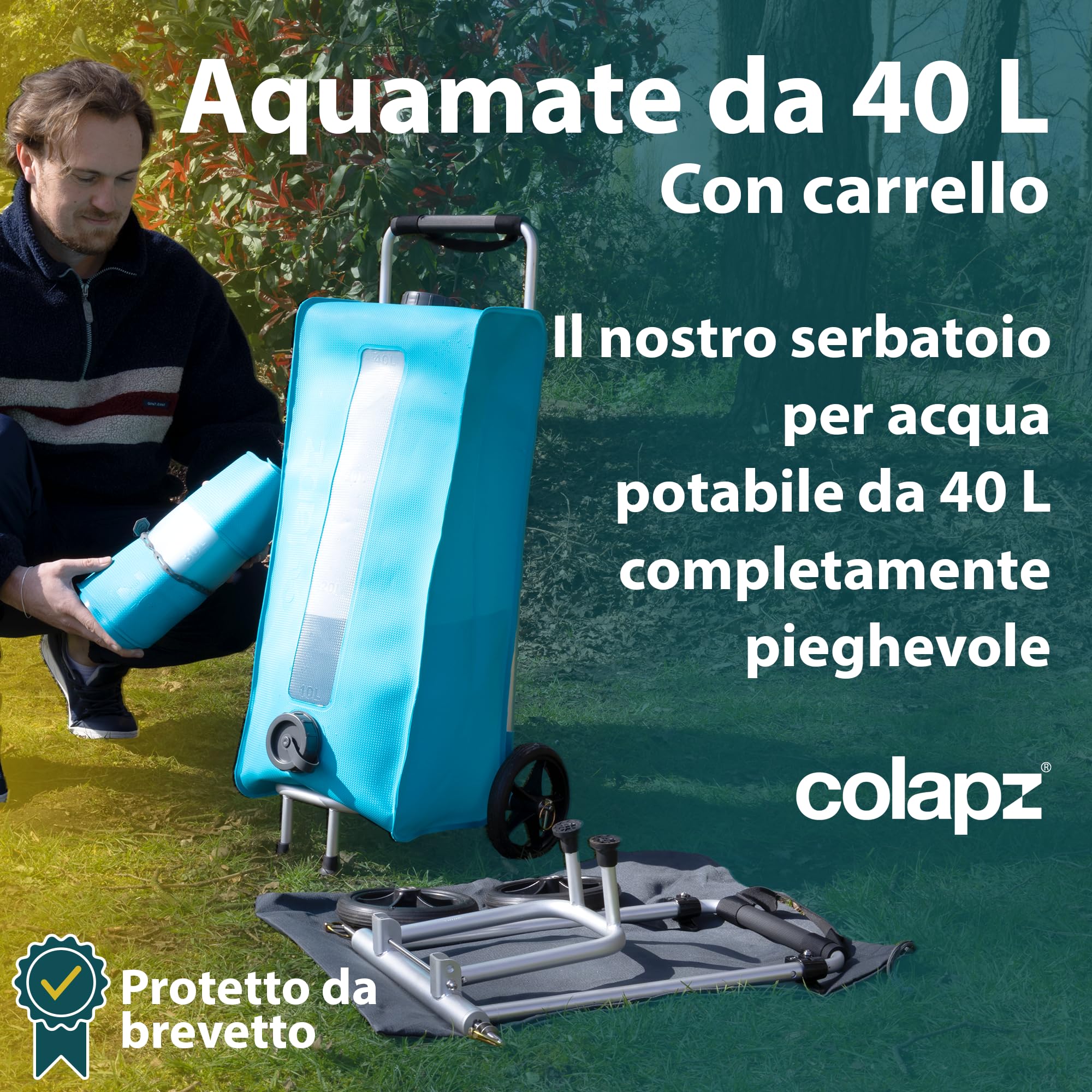 Colapz Aquamate - Contenitore per Acqua Dolce con Carrello, 40 l, salvaspazio, per roulotte e Camper, Senza BPA, Compatibile con Flexipipes
