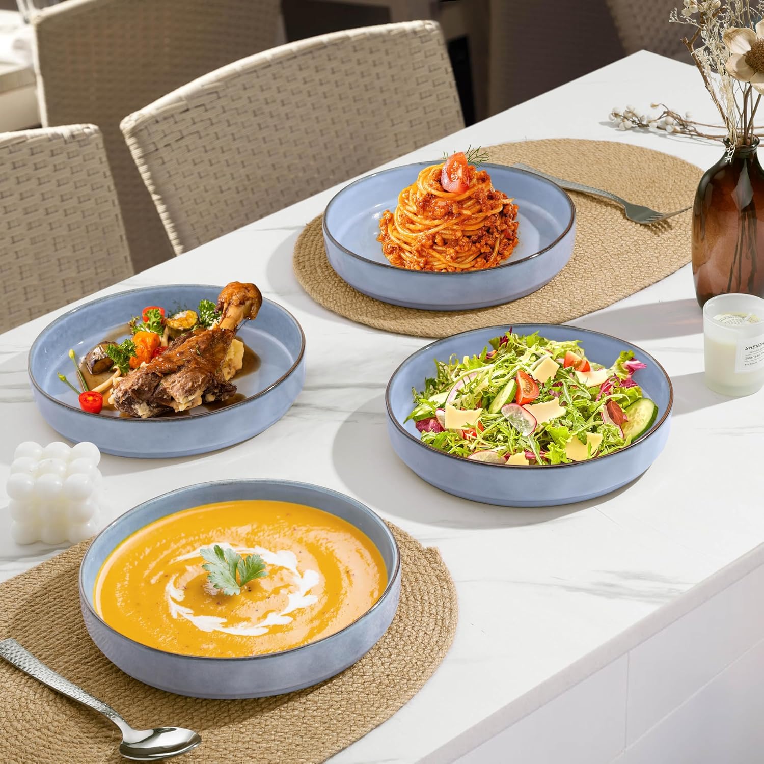 Herogo 34oz Stoneware Plates and Bowls Set of 4 for Salad Soup Cereal, Large Wide Shallow Stackable Serving Ceramic Pasta Bowls Dishes Sets, Microwave & Dishwasher Safe, Haze Blue - Image 7