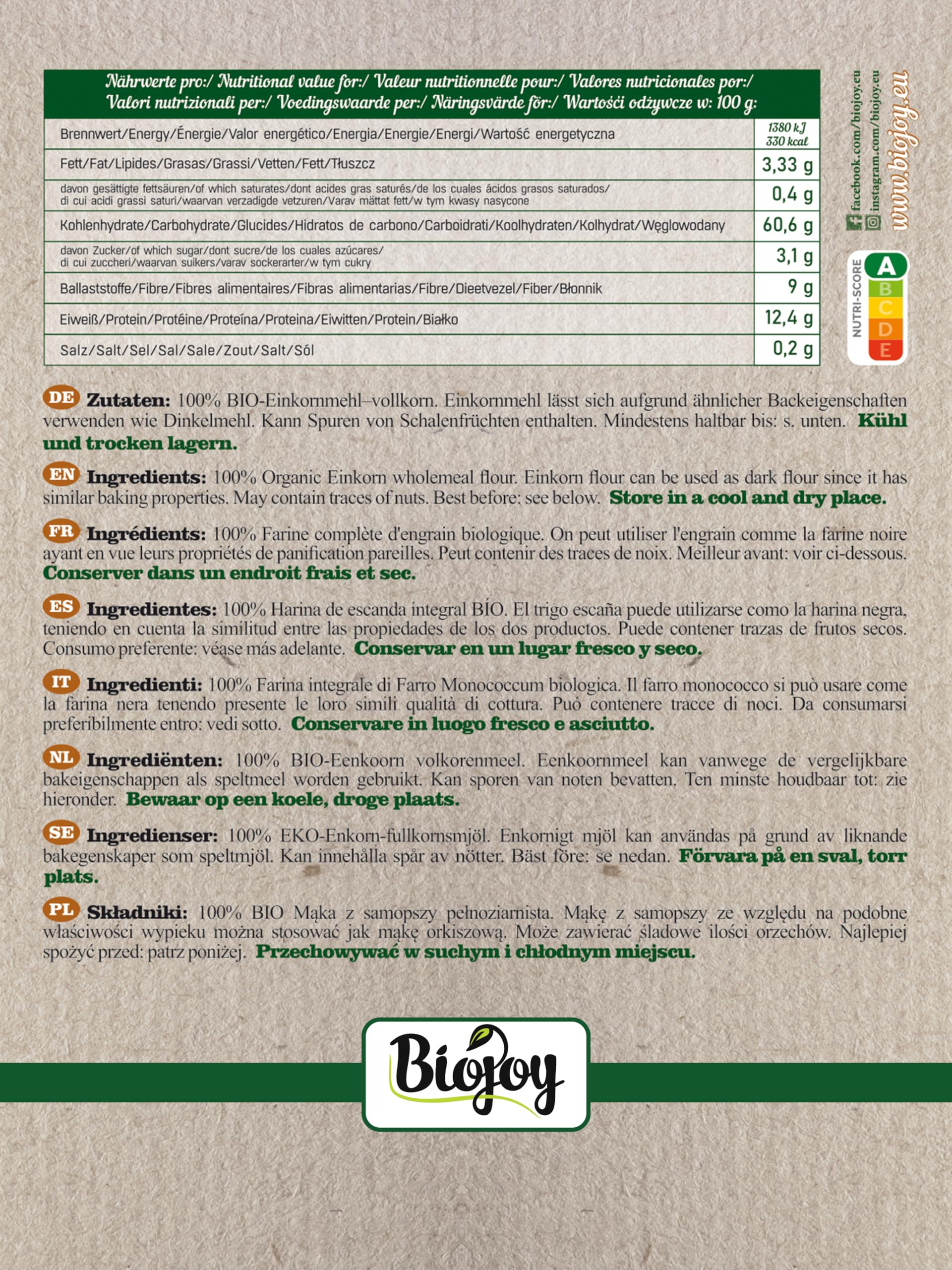 Biojoy Harina de Escanda Integral Ecológica (5 kg), Granos de Escanda molidas (Triticum monococcum)