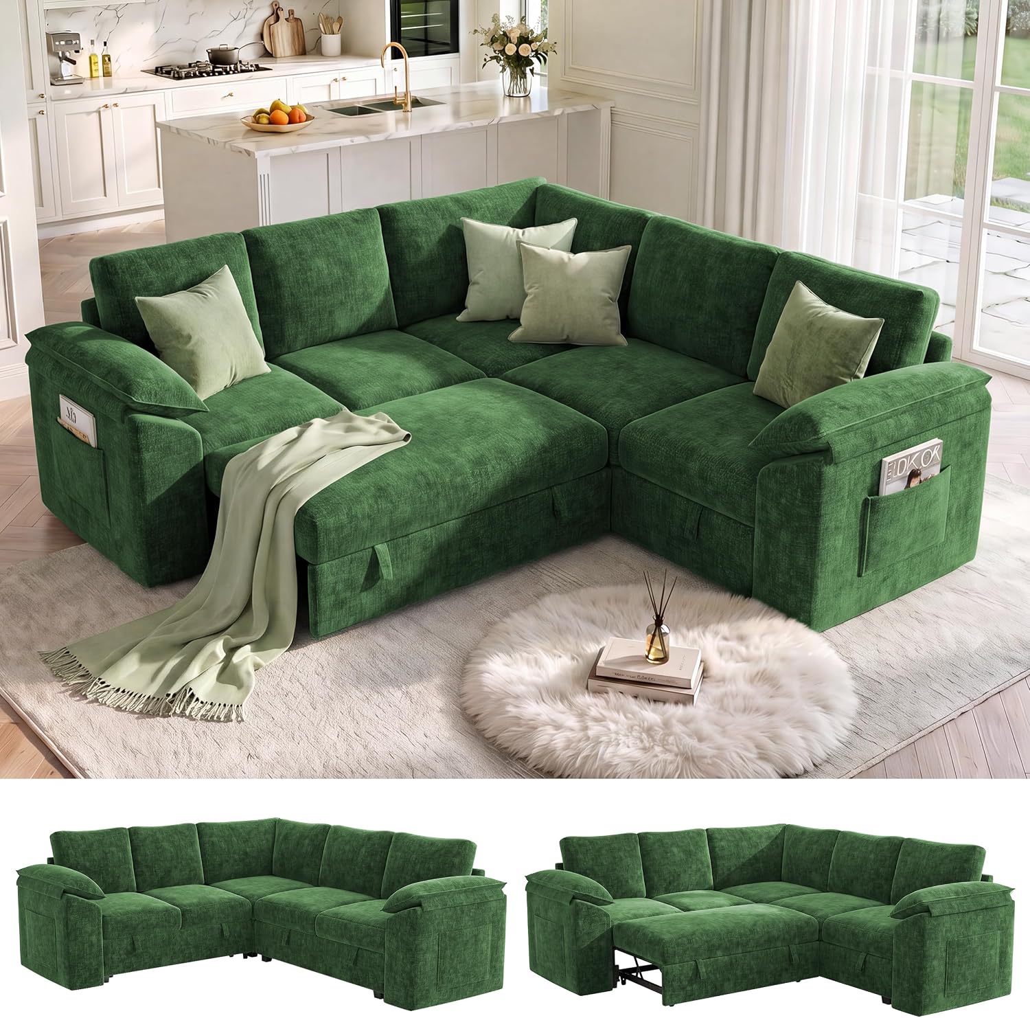 85 In L Shaped Modular Sectional Sofa Couch for Living Room, Green thumbnail