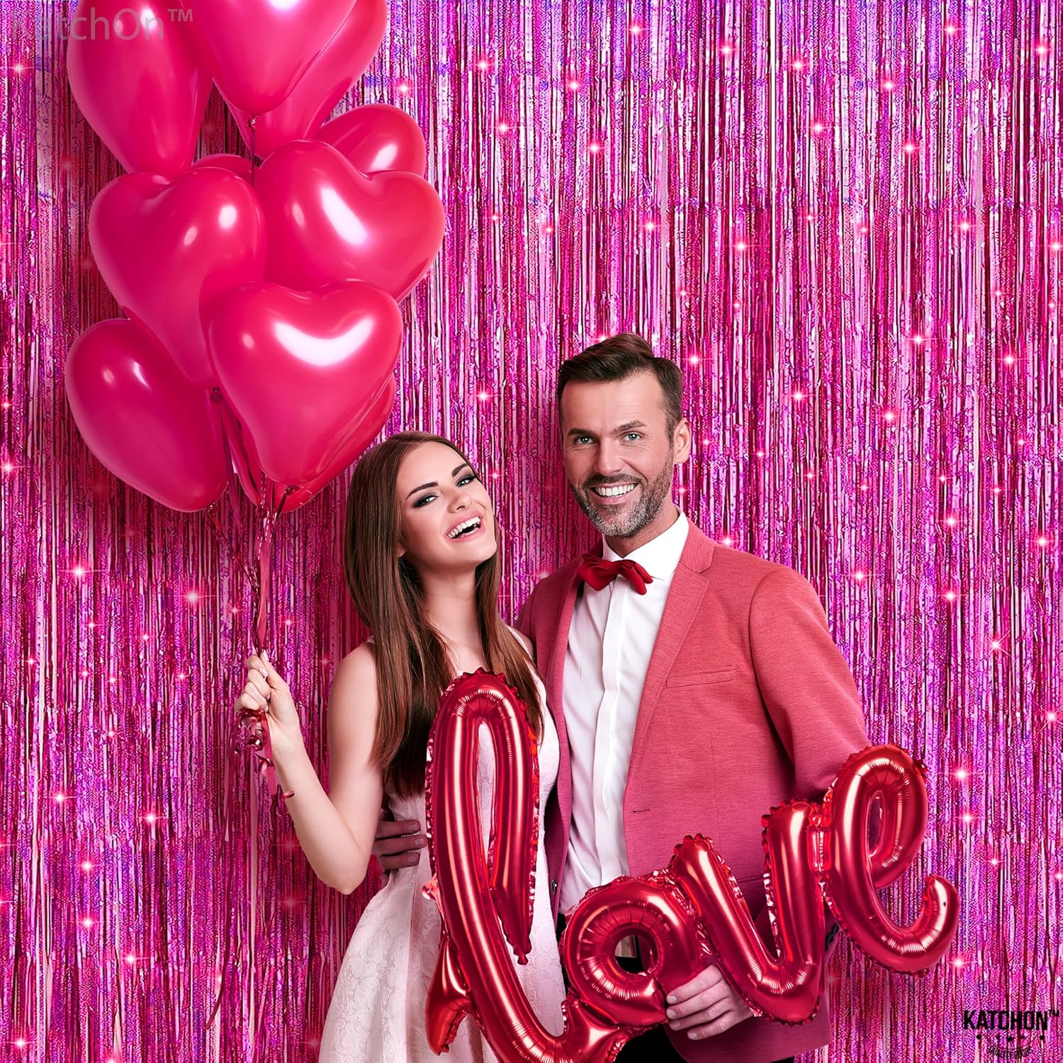 KatchOn, Iridescent Hot Pink Backdrop Curtain - 3.2x8 Feet, Pack of 2 | Pink Balloons for Galentines Day Decorations - Pack of 60 | Happy Valentines Day Garland - 10 Feet No DIY | Valentines Backdrop