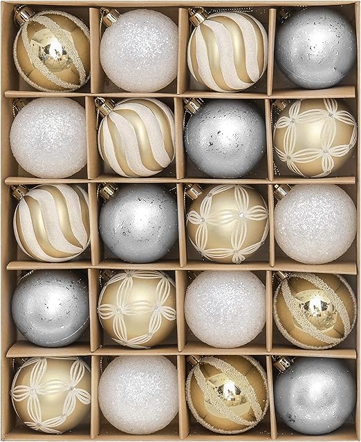 Valery Madelyn 20pcs 6cm Shatterproof Christmas Baubles, Elegant White and Gold Christmas Ball Ornaments for Christmas Tree Decoration