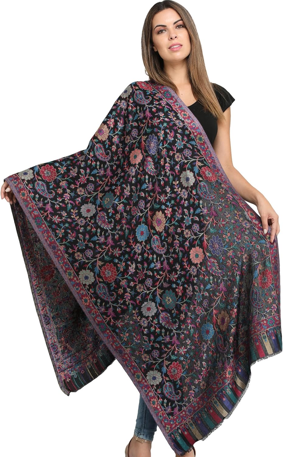 Exotic India Kani Jamawar Stole with Woven Flowers and Paiselys in Multi-Color Thread - Silk Modal