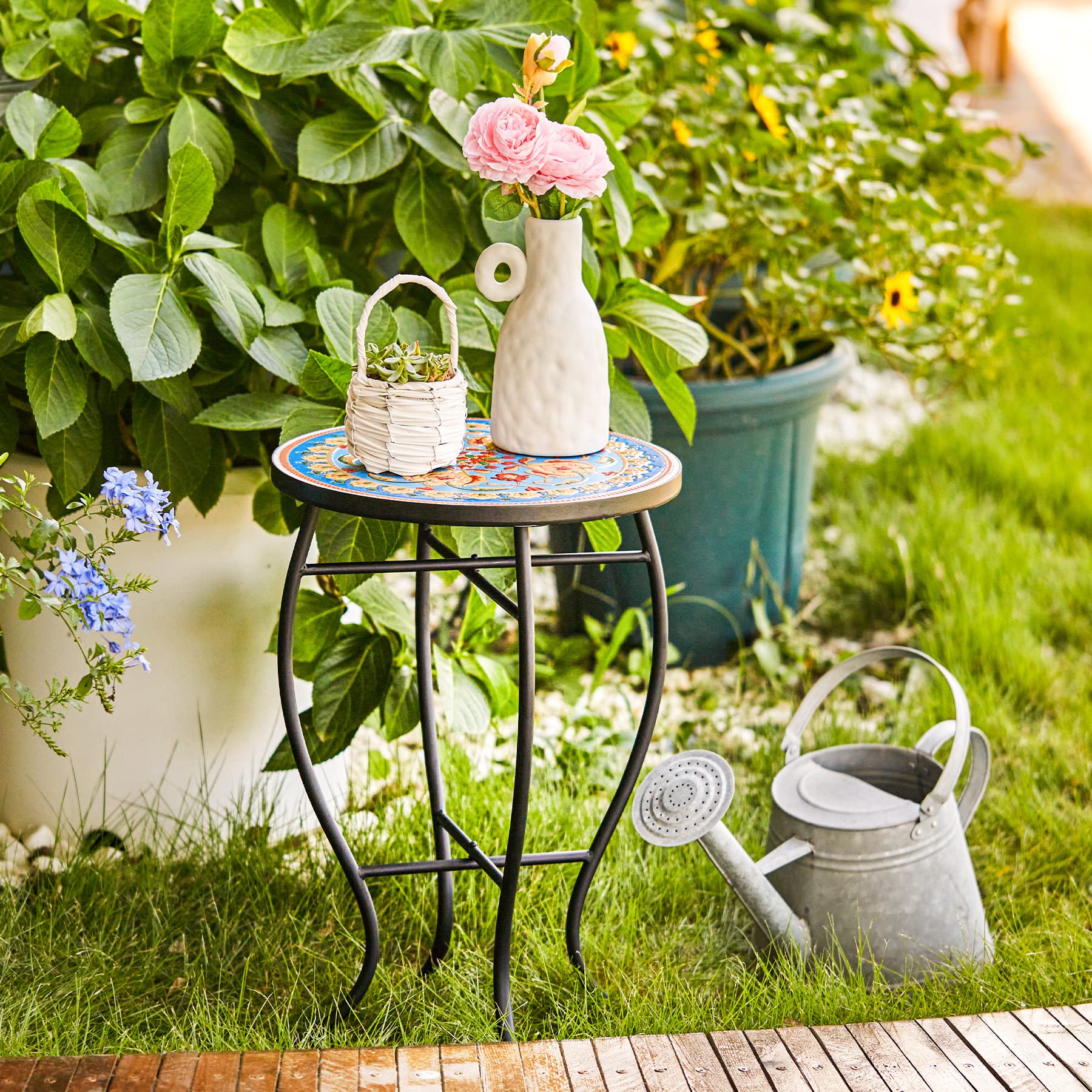 Buy VONLUCE Mosaic Side Table and Plant Stand, 21" Round End Table with 14" Ceramic Tile Top