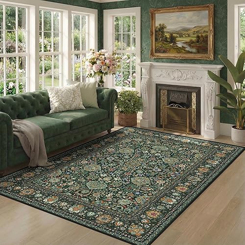 Miniatura 9 de Tapete verde para pasillo de 2 x 6 pies, tapete lavable, vintage, largo y envejecido con parte trasera antideslizante de goma, para cocina y Verde