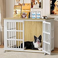 Vista 17 de Jaula para perros de 41 pulgadas, jaulas para perros de razas grandes, para interiores de madera, mesa auxiliar, jaula combinada de interior Roble