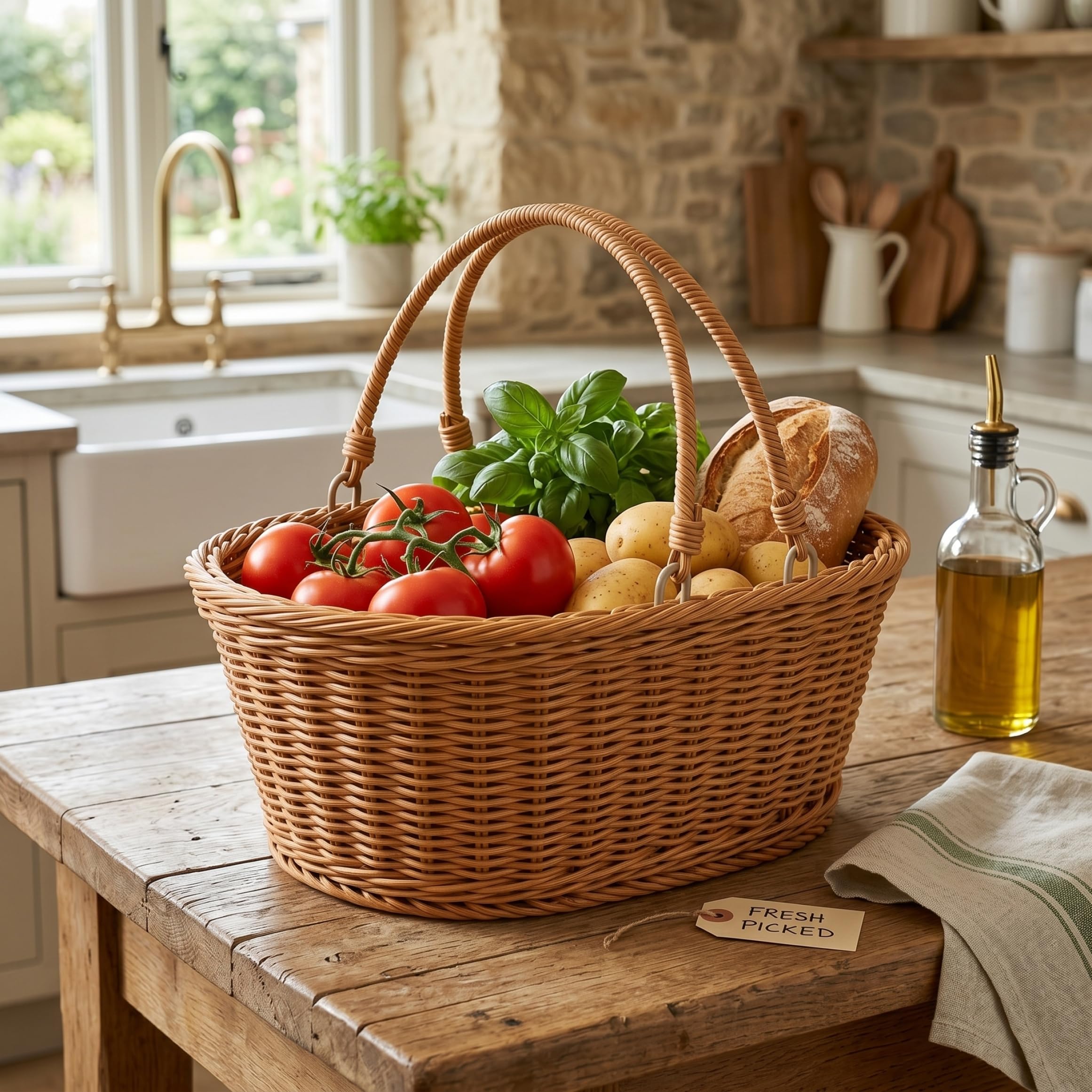 Cesta de mimbre con asa tejida con asas, organizador de almacenamiento grande de mimbre para picnic, compras, cosecha, reunión, boda, 16 x 12 x 7 pulgadas