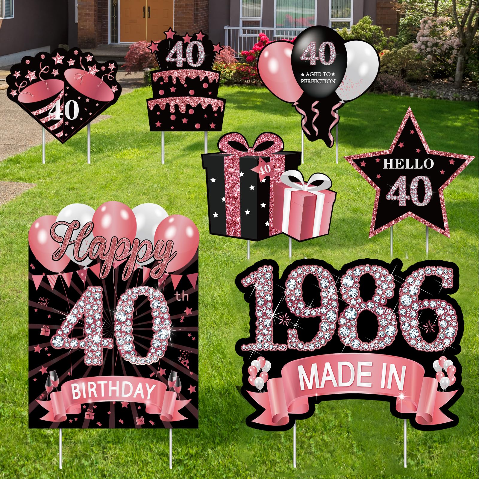 Décoration jardin 40 ans femme lot de 7 panneaux Happy 40th Birthday 1985 pour habiller l'extérieur
