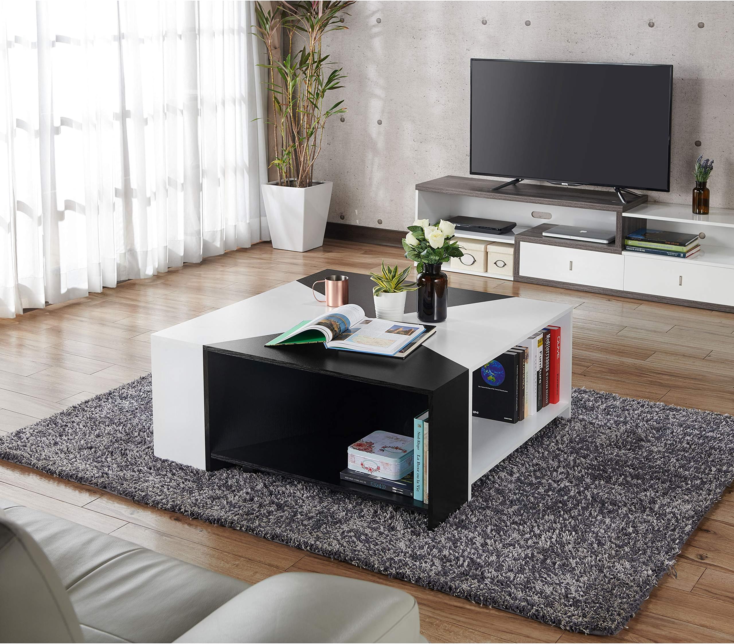 ioHOMES Melaina Modern Modular Square Coffee Table with Open Shelf Storage with 4 Interchangeable Pieces, 40", Black and White