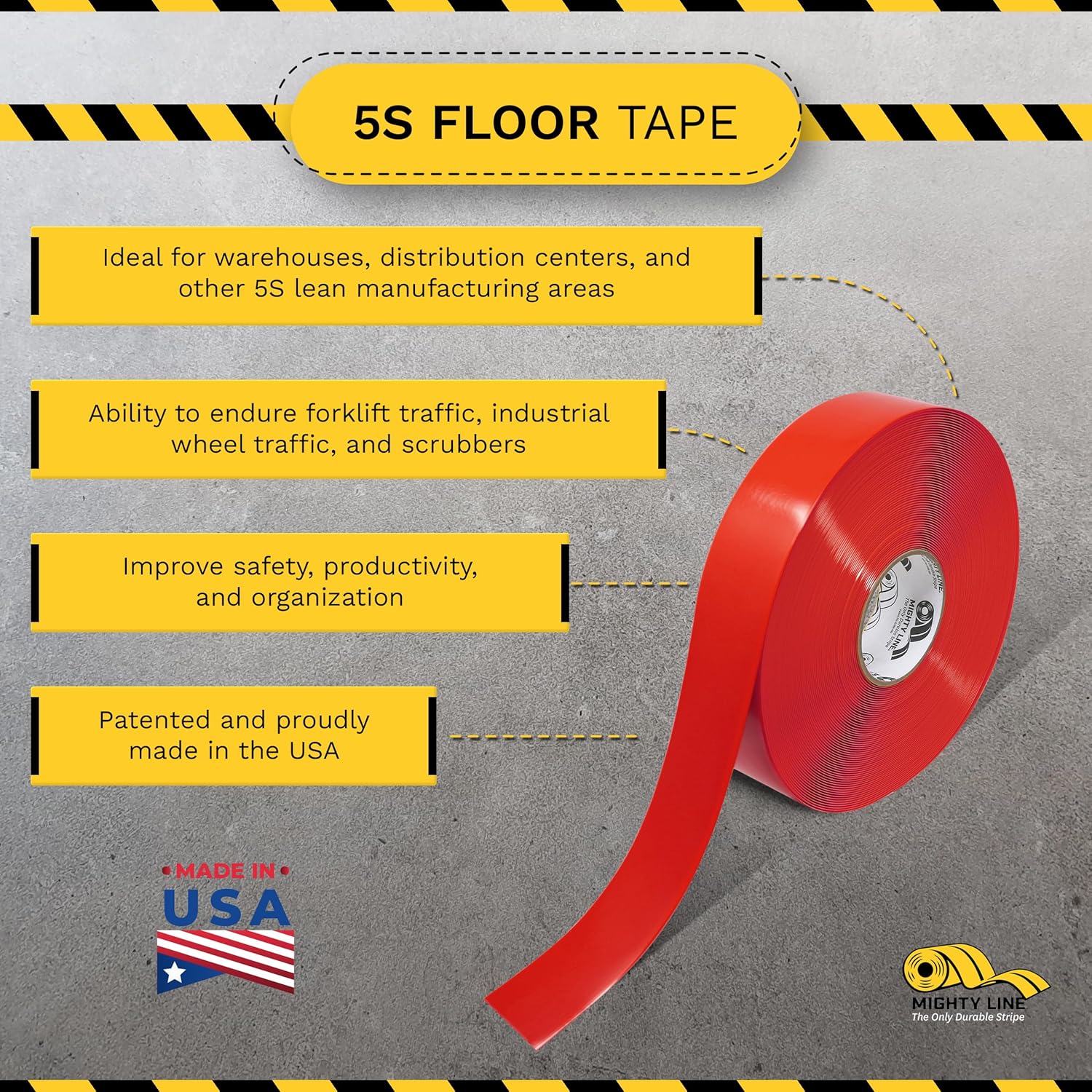 Mighty Line Solid Color 5S Floor Marking Tape for Industrial, Caution, Warning, Safety, Warehouse, Gym, Dance Floor, Line Set Marker, Flooring, Heavy-Duty Adhesive, 2 inch Wide, 100' Roll, Red