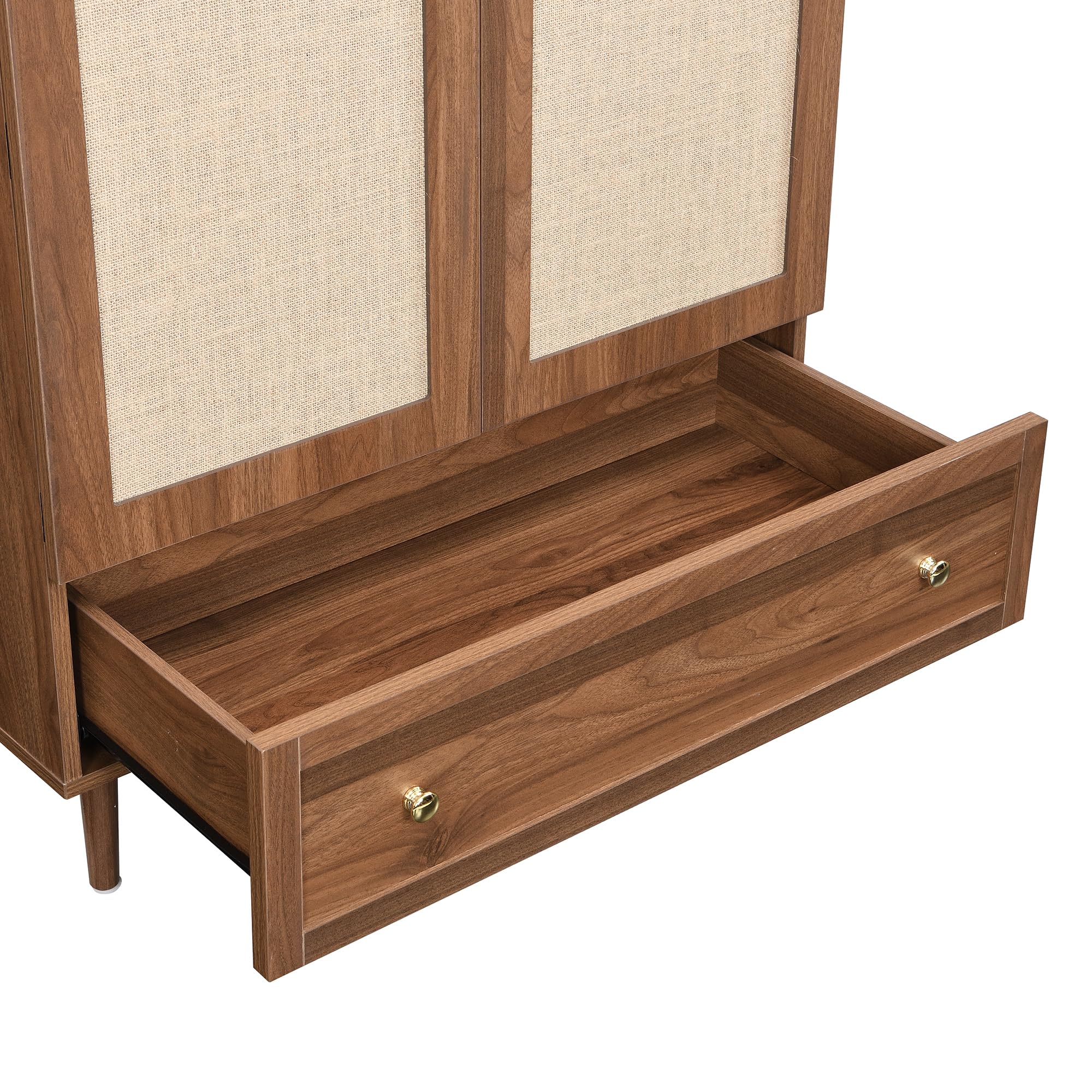 Elegante armadio con ante in tessuto e cassetti, piedini in legno robusti, pratico spazio di archiviazione per abbigliamento e accessori – ideale per camera da letto, camera degli ospiti o