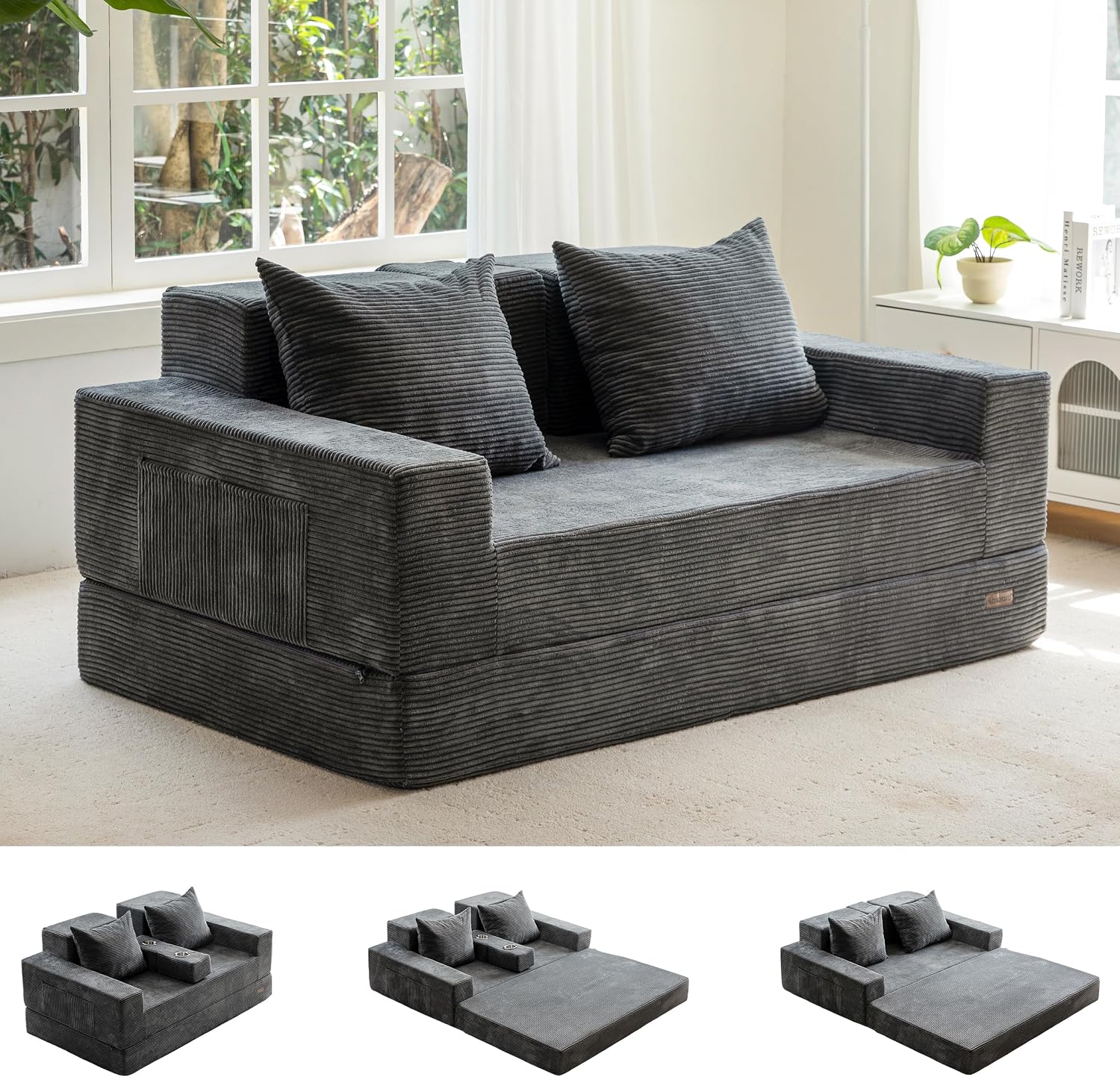 Corduroy floor couch with two pillows, cup holders and side pockets