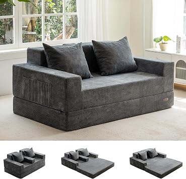 MAXYOYO Folding Sofa Bed, Corduroy Floor Couch with Cup Holder