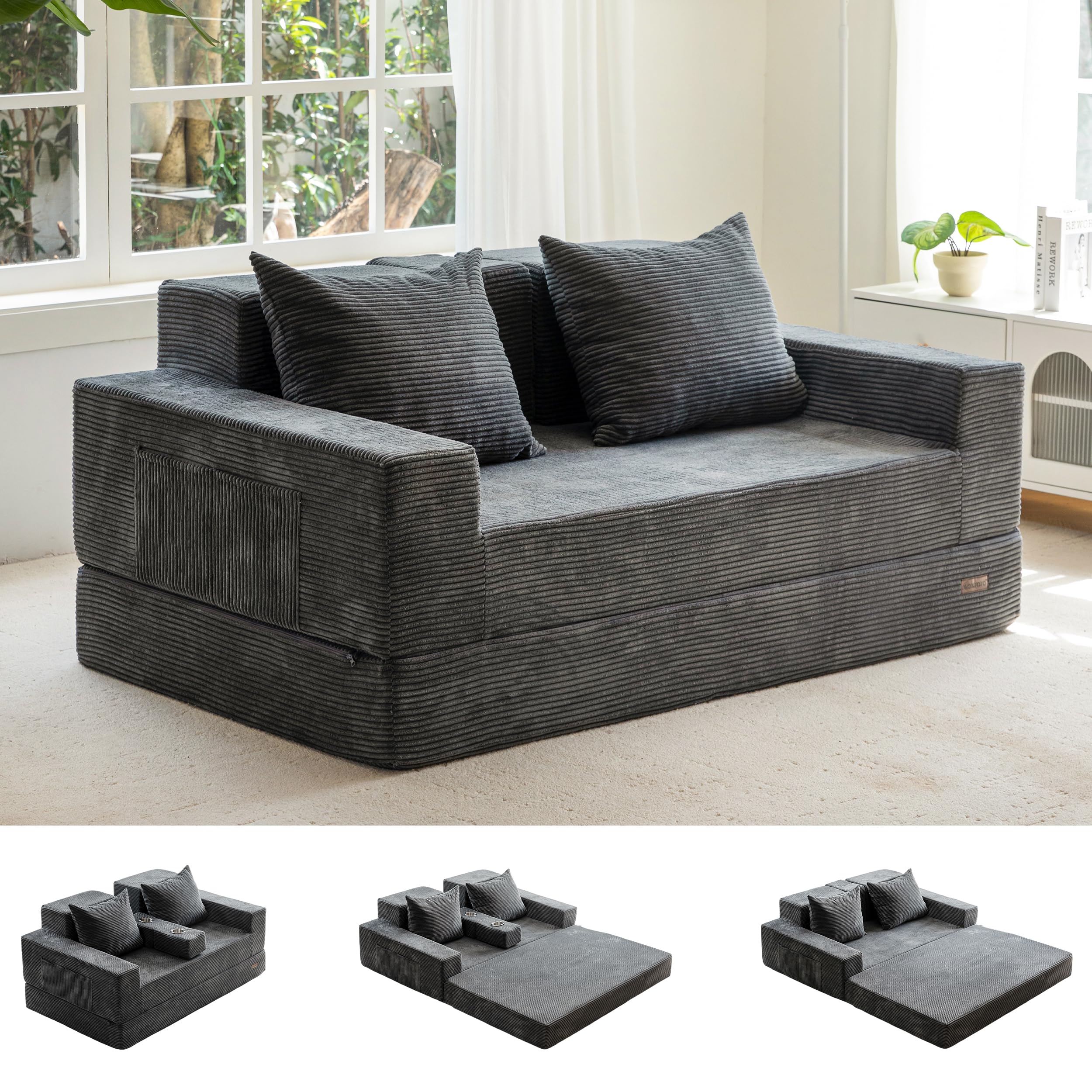 Divano Letto Pieghevole 3 In 1 In Velluto A Coste – Trasformabile, Con Cuscino, Per Soggiorno E Camera Da Letto, Grigio