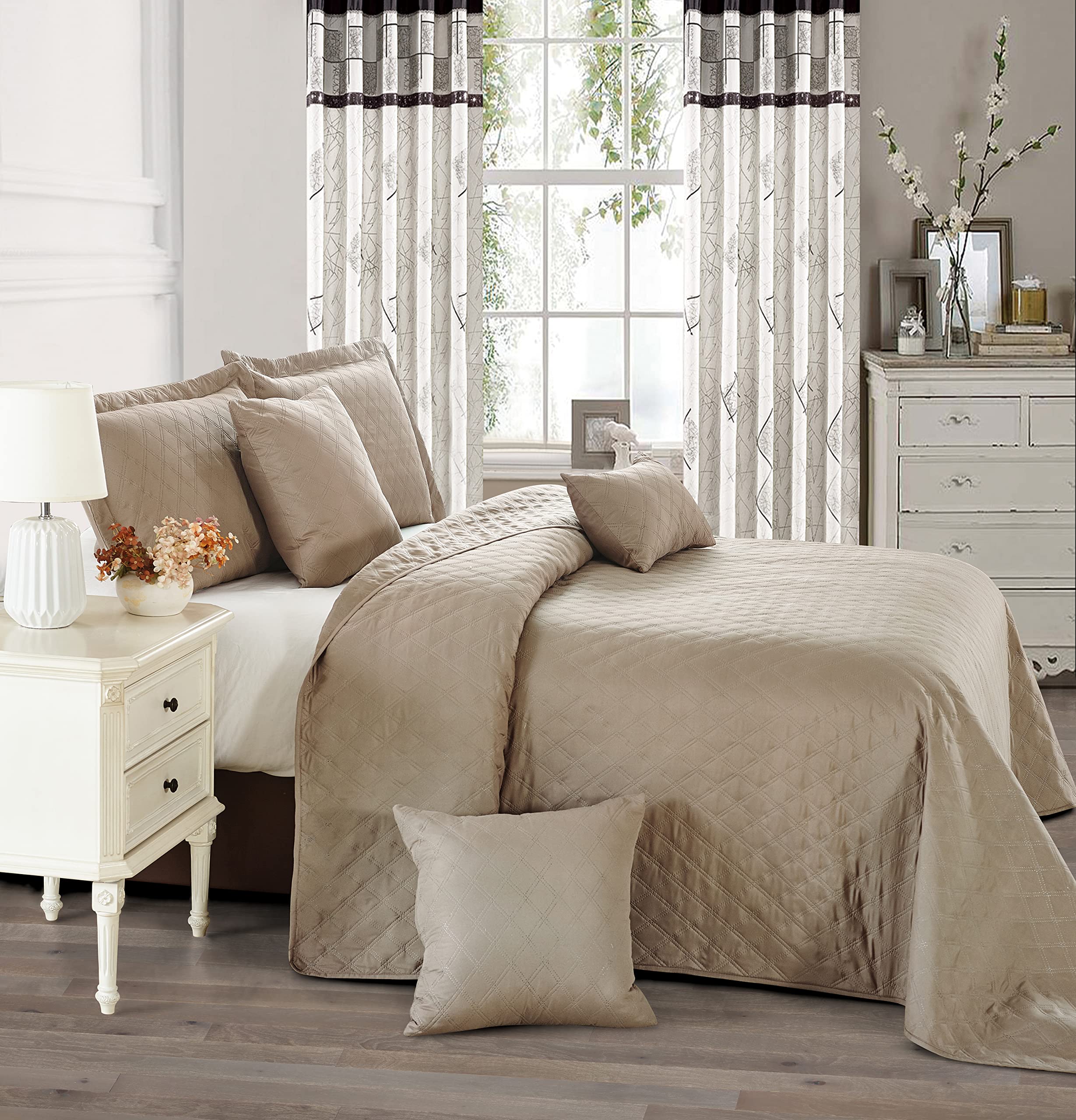 Best Linen Quilted Bedspreads Bed Throw 3 Pcs Embossed Coverlet Bedding Set Includes 1 Comforter & 2 Pillow Cases (Super King, Inspiration Beige)